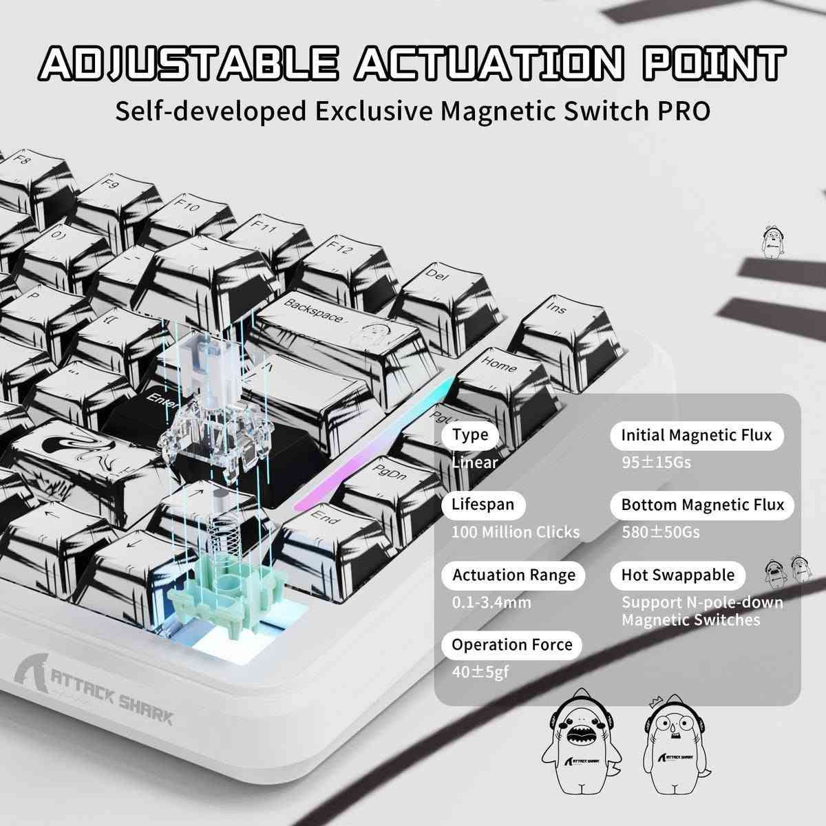 للبيع: كيبورد Attack Shark X82 PRO HE (إصدار Comic المميز) 
كيبورد مغناطيسي احترافي جداً لألعاب الـ FPS التنافسية، يدعم تقنية الـ Rapid Trigger لأسرع استجابة ممكنة، وبنسخة الكوميك (الرسمية) اللي تنطي شكل خرافي ومختلف للسيت أب.
📌 أهم المواصفات:
السويتشات: مغناطيسية (Hall Effect) استجابتها فورية وتتكيف حسب لعبك.
الأداء: يدعم ميزة الـ Rapid Trigger (ضرورية جداً للـ Strafing برينبو وأوفرواتش وفالورانت).
الاتصال: 3 أوضاع (وايرلس سريع جداً خالي من التقطيع، بلوتوث، وكيبل Type-C).
الحجم (Layout): 75% (حجم مثالي يوفر مساحة للماوس باد، وبنفس الوقت يحتوي على الأسهم والـ F-Keys).
التصميم: إصدار الـ Comic (أزرار أبيض وأسود بتصميم مانجا) مع إضاءة RGB أنيقة.
الحالة: نظيف جداً ومسويله تنظيف عميق (أخو الجديد)، الكيبورد شغال 100% وما بي أي مشكلة، سبب البيع هو الترقية لسيت أب جديد.
المكان: النجف  ( يُفضل تسليم باليد).
 السعر: [90 الف دينار]

***********
