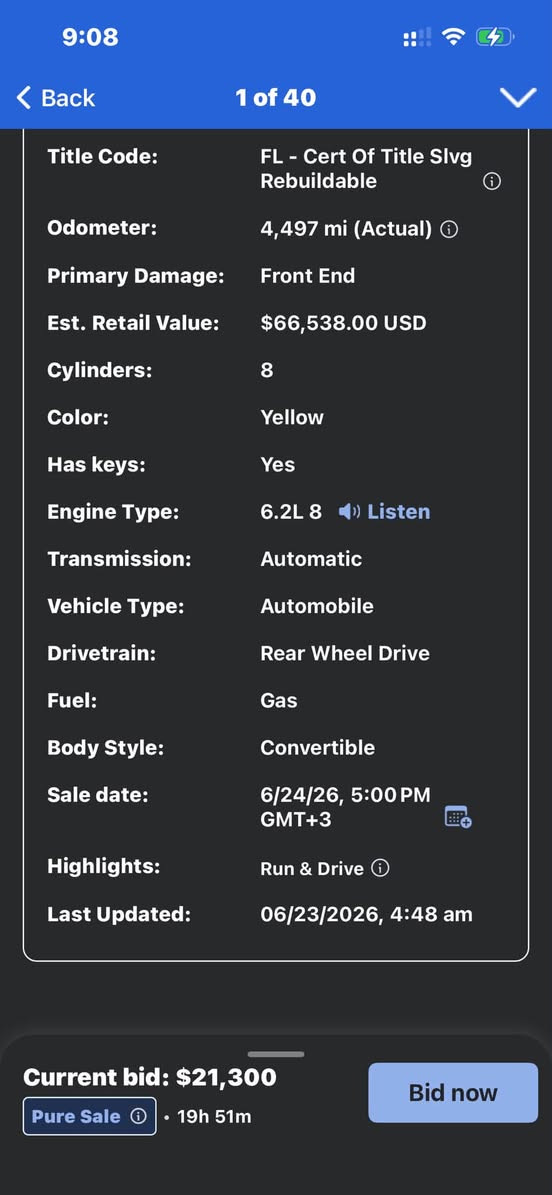 للفائدة
Chevrolet corvette c8 stingray 1LT 2025
ماشية 4 الاف
ضرر موضح بالصور
شغالة وتمشي
مواصفات موضحة
محرك ثمانية سلندر 6200
معروضة مزاد بموقع copart.com
مزادها باجر
للمزايدة زيارة مكتب ماهر البدراوي لمزادات السيارات الامريكية و الكندية
الصالحية ٢٨ نيسان


**إذا كنت صاحب هذا الإعلان وتريد حذفه لأي سبب، رجاءا أرسل رسالة إلى الدعم الفني**