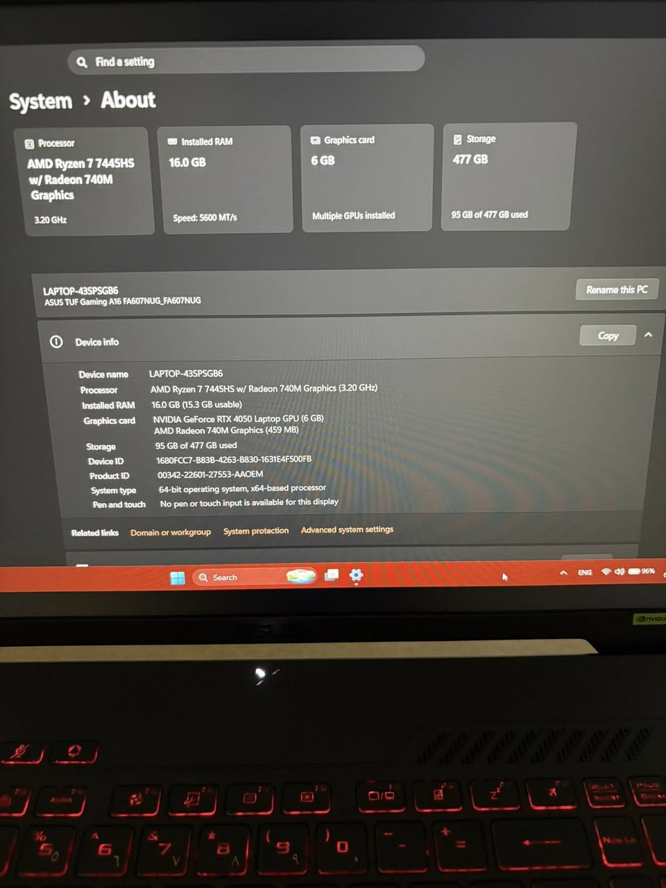 asus a16 
rtx 4050
 ram 16
hard 512 ssd
amd ryzen 7 7445hs 
نضافة 100‎%‎
استعمال شهرين فقط
سعرة مليون و100 الف
رقمي ***********

