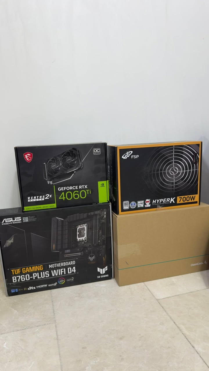 مكلف :
(كيس  + شاشة + ملحقات هدية)

CPU: INTEL I5 12400F
................................................................................
MB :B760 PLUS WIFI TUFGAMING DDR4
................................................................................ 
RAM :G SKILL 2*8 _16 DDR4 3200MHZ
................................................................................ 
COOLER: DEEPCOOL LE 520 LUQID COOLER
................................................................................ 
GPU :RTX GEFORCE 4060 TI 16GHZ MSI VENTUS
................................................................................
PS :700W +80 PLUS FSP HYPER K
................................................................................
STORAGE: NVME GEN3*4 NM620 LEXAR 1T
................................................................................
CASE: DARKFLASH DLX21 3FAN
................................................................................ 
MONITOR: ASUS TUFGAMING VG1A
27INCH
IPS
2K
170HZ
1MS RESPONSE TIME
................................................................................
كراتين كل القطع متوفرة" الحاسبة نظيفة كلش مال  موظف ومتروكة 
السعر :(((( 1.500.000 الف دينار )))) وبيها مجال
السعر شامل الكيس والشاشة  والملحقات كيبورد ماوس ريدراكون..
مكان نجف وتوصيل والنقل موجود مجاني


**إذا كنت صاحب هذا الإعلان وتريد حذفه لأي سبب، رجاءا أرسل رسالة إلى الدعم الفني**