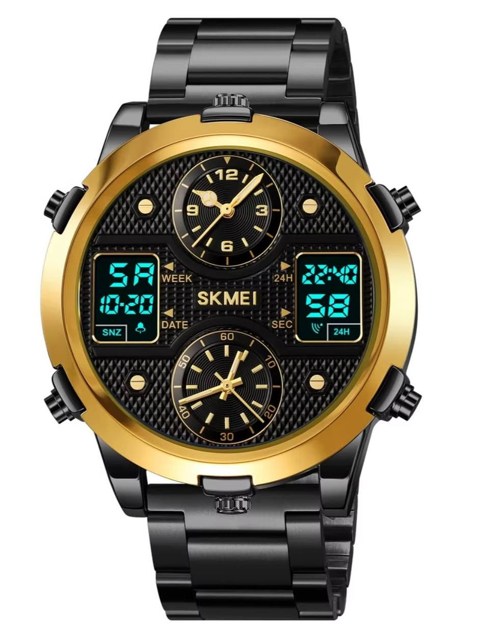 السلام عليكم ورحمه الله.*امزون*متوفر فقط قطعه وحده وبهذا اللون سعره 45 توصيل نجف مجاني🌹
/////‫*********** واتساب ////////////
هذه الساعة هي من طراز SKMEI 2212، وهي ساعة رجالية رياضية وعصرية تتميز بنظام عرض مزدوج (تناظري ورقمي) يجمع بين الأناقة والوظائف المتعددة. 
المميزات والمواصفات الرئيسية:..

عرض أوقات متعددة: تدعم الساعة عرض حتى 4 توقيتات مختلفة في آن واحد، مما يجعلها مثالية للمسافرين...

نظام العرض: تشتمل على شاشات LED رقمية بالإضافة إلى العقارب التقليدية (كوارتز)، مع دعم نظامي الوقت 12 و24 ساعة.

الوظائف الإضافية: مزودة بمنبه (Alarm)، ساعة توقيت (Chronograph)، عرض التاريخ واليوم والأسبوع، وإضاءة خلفية (Backlight) لرؤية واضحة في الظلام.

المواد والتصميم: تأتي بإطار معدني متين (سبيكة زنك) وحزام متوفر بخيارات من الفولاذ المقاوم للصدأ أو السيليكون.

مقاومة الماء: الساعة مقاومة للماء بمعيار 3ATM (30 مترًا)، مما يجعلها مناسبة للاستخدام اليومي مثل غسل اليدين، ولكنها ليست مخصصة للسباحة أو الغطس.
