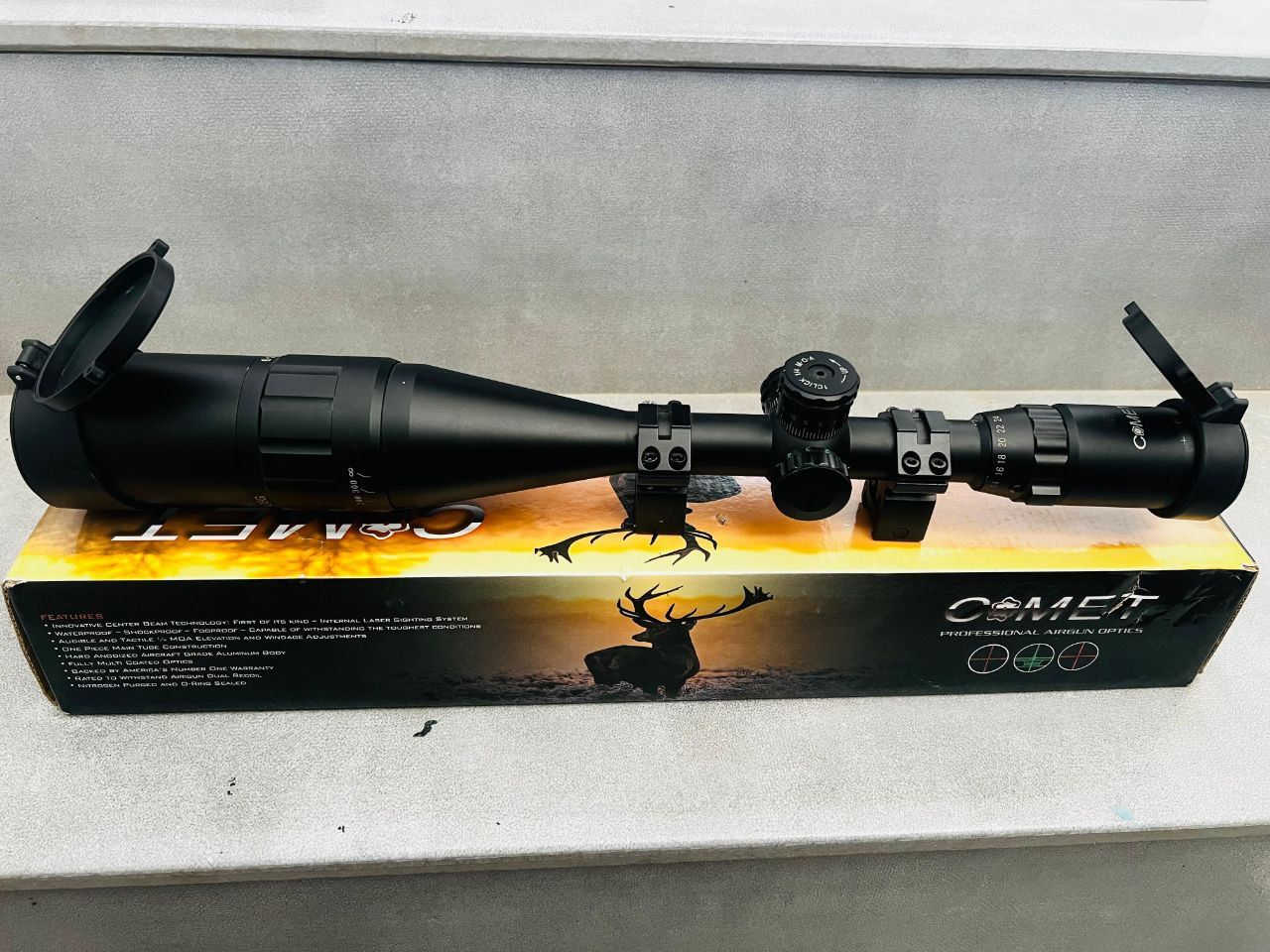العلامة: COMET
الفئة: Professional Airgun Optics
الاستخدام: بنادق هوائية (PCP – سبرنغ – غاز رام)
أبرز المواصفات الظاهرة:
عدسة أمامية كبيرة (غالبًا 50–56 مم) → تعطي إضاءة أفضل خصوصًا آخر النهار 🌅
زوم متغير (واضح من حلقة الزوم) مناسب للرمي من مسافات قريبة إلى متوسطة
برج ضبط علوي للارتفاع
زوم 6*24*44
 (Elevation) + جانبي للانحراف (Windage)
جسم ألمنيوم قوي، ومذكور على العلبة:
مقاوم للصدمات
مقاوم للماء والضباب
مملوء نيتروجين (Nitrogen Purged)
يأتي مع حلقات تثبيت جاهزة


**إذا كنت صاحب هذا الإعلان وتريد حذفه لأي سبب، رجاءا أرسل رسالة إلى الدعم الفني**