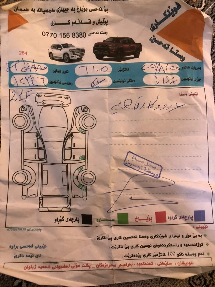 ٨٠ هەزار ڕۆشتوە جگە لە تایەرسپێرێک ٢٥٠ مەسروفی نیە
(ماشية ٨٠ ألف، ما عدا التاير السبير ما تصرف ٢٥٠ دينار.)

*********** کلار
