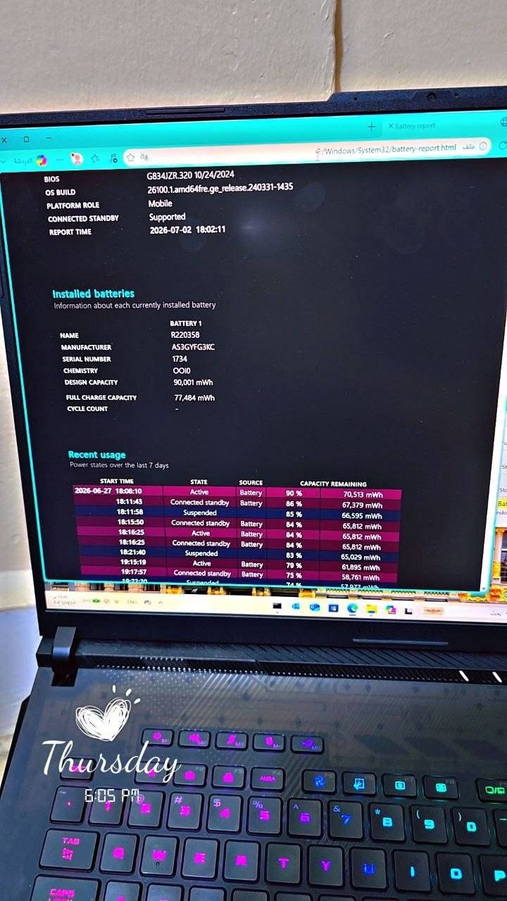 حياكم الله عيوني للبيع: وحش الألعاب والإنتاجية ASUS ROG Strix SCAR 18 (G834JZR) بحالة الجديدة مع كامل ملحقاته اخوان انتبهو هءا فئه الscar الي هو اعلى فئة باسوس وليس فئه الgالي هو ادنى من الاسكار

فرصة مميزة لاقتناء جهاز متكامل للأداء العالي (ألعاب، مونتاج، وتصميم) بحالة ممتازة جداً وتحت ضمان الشركة.

المواصفات التقنية للجهاز:

المعالج: Intel Core(TM) i9-14900HX بسرعة 2.20 GHz.

الذاكرة العشوائية (RAM): 32.0 جيجابايت.

كرت الشاشة: NVIDIA GeForce RTX 4080 Laptop GPU بسعة 12 جيجابايت.

التخزين: هارد بسعة 1 تيرابايت.

نظام التشغيل: Windows 11 Pro.

البطارية: كفاءة ممتازة تعمل بنسبة 86% من سعتها الأصلية.

الملحقات الإضافية (جديدة بالكامل):

حزمة Fantech (5 في 1): تتضمن ماوس، كيبورد، وماوس باد أصلية.

ماوس الوكالة الأصلي: ROG GLADIUS III.

تبريد خارجي: قاعدة تبريد (Notebook Cooler) من نوع NC22 لضمان أفضل أداء.

محول متعدد المنافذ (HUB): من نوع Yesido (يدعم شحن PD بقوة 140زاط ومنافذ USB 3.0/2.0).

إضافة إضافية: شاحن متنقل ملحق مع الجهاز.

ملاحظة: ملحقات الجهاز مامستخدمات بحالة الجديدة تماماً وتحت ضمان الشركة. وموجوده الوصولات
اما الجهاز استخدام قليل وبطاريته صحتها86٪
كلش كلش نظيف الجهاز اخوان توصيل ماعندي عنواني بابل

  مع كامل ملحقاته مامفتوحات من الباكيت 
 السعر: تاخذه كامل هو وملحقاته
 ب3 مليون و400وبي مجال ان شاءالله 
تواصل واتساب او خاص  ***********

