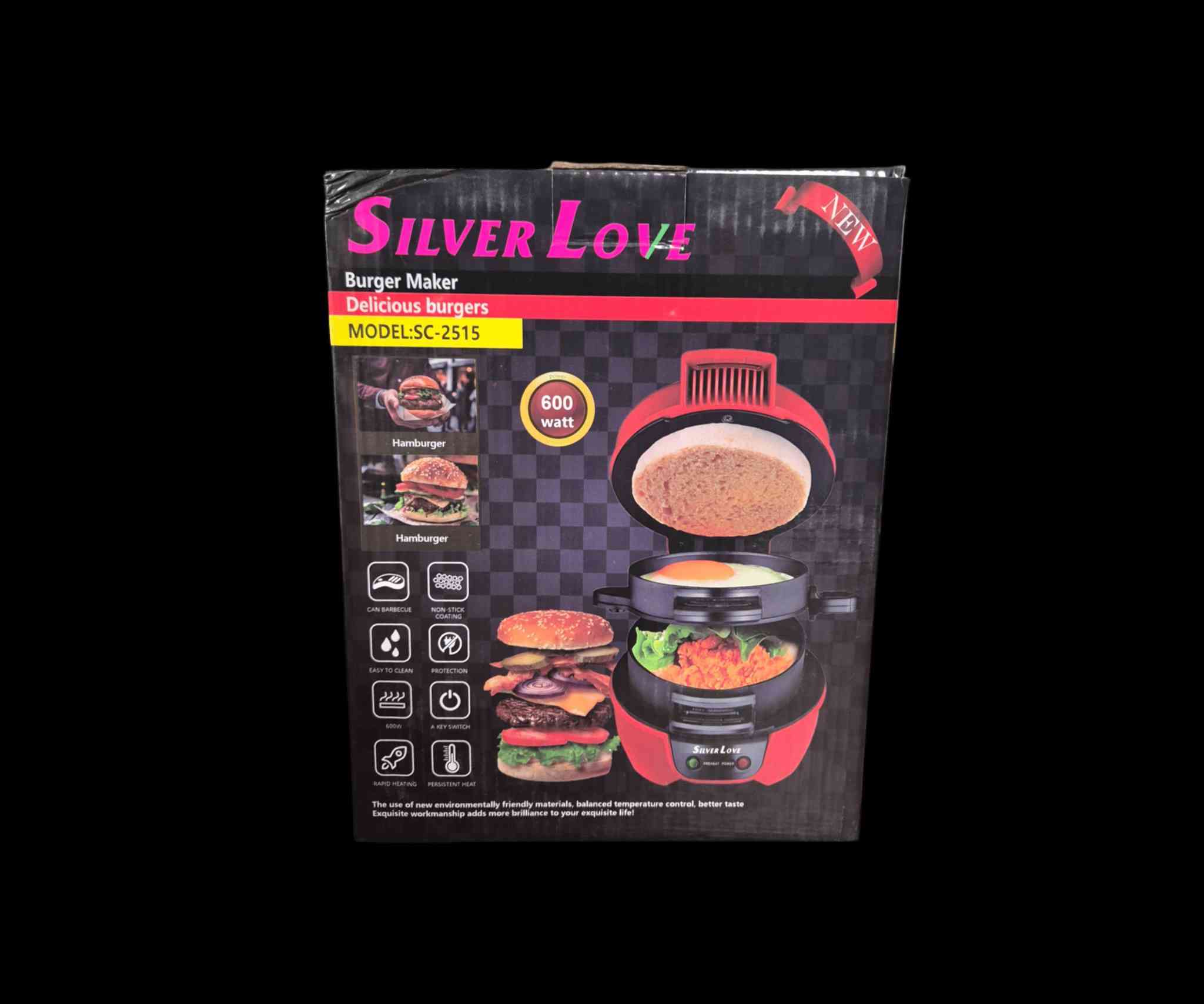 ماكنة صنع البرغر – Silver Love

الاستخدامات:

صنع البرغر المنزلي الشهي بطريقة صحية وسريعة.

قلي البيض أو تحميص الخبز في نفس الجهاز.

مثالية للإفطار أو الوجبات السريعة المنزلية.

المميزات:

قوة 600 واط لتسخين سريع وطهي متساوٍ.

تصميم متعدد الطبقات يسمح بطبخ المكونات بشكل منفصل (خبز، لحم، بيض... إلخ).

طبقة غير لاصقة لتسهيل التنظيف.

مؤشرات ضوئية (تشغيل  جاهزية) لسهولة الاستخدام.

سلك بطول 60 سم لمرونة في التوصيل.

أمان حراري تلقائي يمنع ارتفاع الحرارة الزائد.

مواد آمنة وصديقة للبيئة مع تصنيع عالي الجودة.

محتويات الصندوق:

جهاز مكينة الهمبرغر.

عبوة كرتونية بقياس: 23 سم ارتفاع × 18 سم عرض × 18 سم طول.

ملاحظات:

يُفضّل تنظيف السطح غير اللاصق بقطعة قماش ناعمة بعد كل استخدام.

تجنّب وضع الجهاز في الماء أو غسالة الصحون.

مناسب للاستخدام المنزلي فقط.

يُحفظ بعيدًا عن متناول الأطفال أثناء التشغيل.

لا يمكن استبدال او استرجاع منتجات البالة
للحجز والاستفسار. ***********
