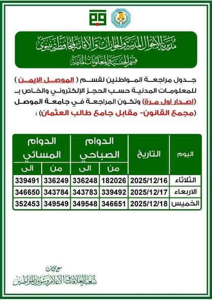 الجداول الخاص لإصدار #البطاقة_الوطنية_الموحدة 
#الايمن_والايسر
يتوفر لدينا حجز #البطاقة_الوطنية (الموحدة) 
كما يتوفر لدينا تنظيم استمارات المراجعة #البطاقة_الوطنية (الموحدة) 
══════ ❁✿❁ ═══════
مكتب الوسام للخدمات الالكترونية 
للاستفسار 
*********** اتصال+واتساب
تلكرام مراسلة
https://t.me/sna515
رابط القناة سوي انضمام ليصل كل جديد
https://t.me/ALWESAM20238
رابط قناتنا الجديدة على الواتساب 
https://whatsapp.com/channel/0029VbBIqUW0rGiRjobwN72K

#تابع
