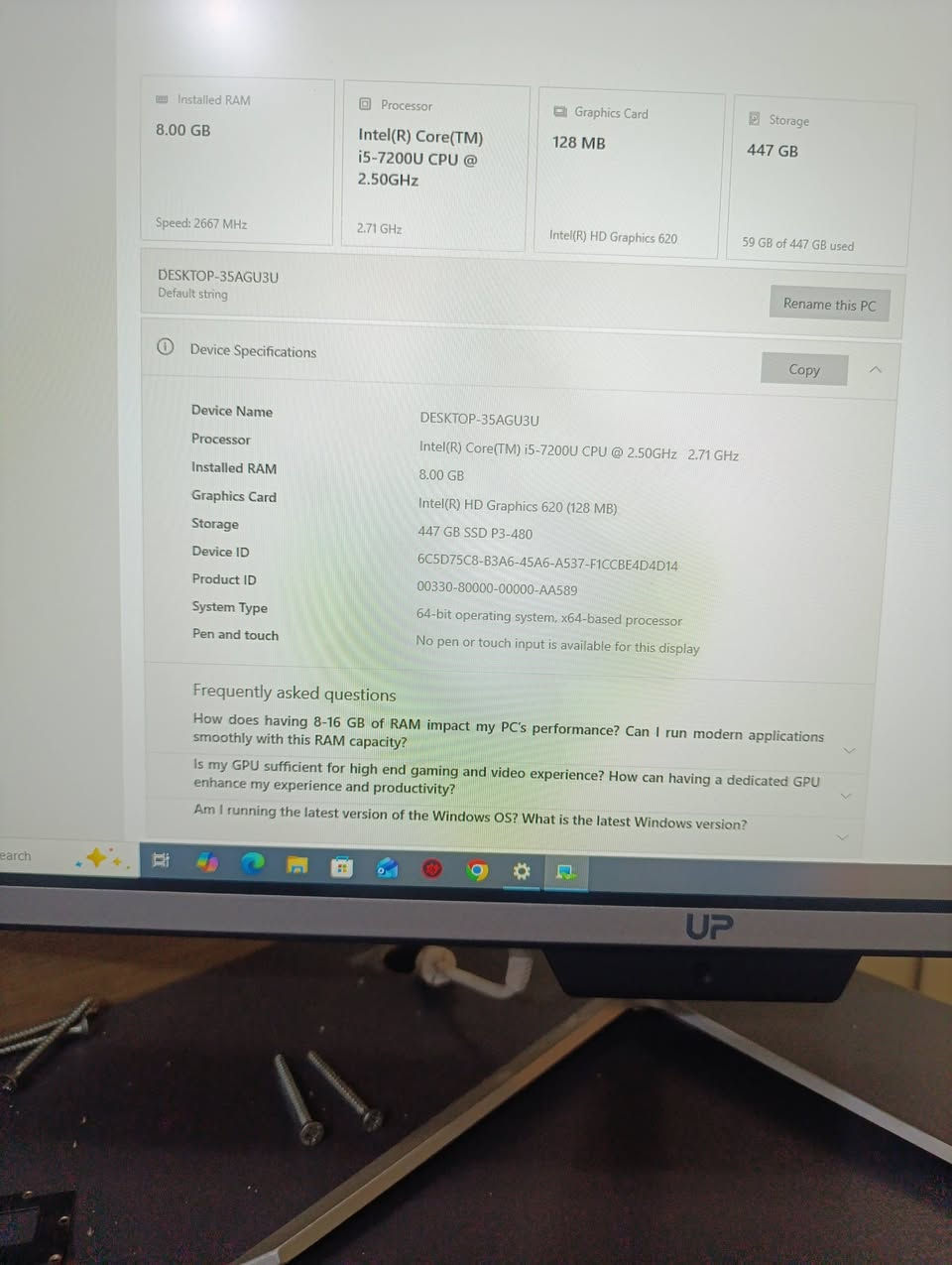 (شاشة + كيس مدمج) ماركة UP

🔹 المواصفات:

 • 💻 المعالج: Intel Core i5-7200U — الجيل السابع
 • 🧠 الرامات: 8GB
 • 🖥️ الشاشة: شاشة UP مع الكيس مدمج داخلها
 • 🪪 الويندوز: Windows 10 Pro — إصدار 22H2
 • ⚙️ النظام: 64-bit
 • 📦 الحالة: الجهاز جديد وغير مستخدم

العنوان بغداد العبيدي  ***********
