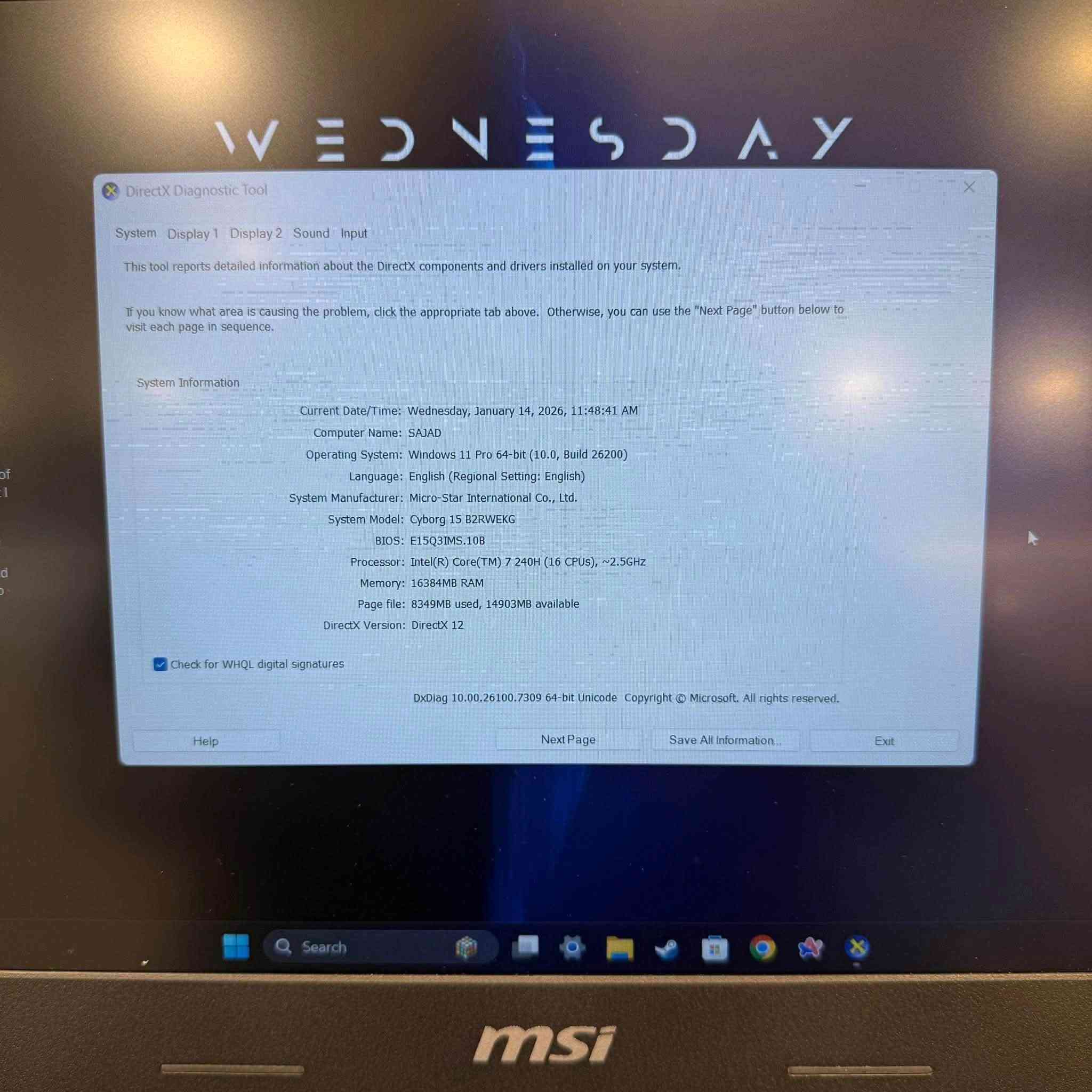 MSI Cyborg 15 لابتوب للبيع
للبيع لابتوب MSI Cyborg 15 نظيف فتحته ع ايدي اشتريته بشهر ال 11 استخدام كلش بسيط لان ماعندي وكت 

لابتوب كلش قوي و هاي مواصفاته كدامكم 

مع كامل ملحقاته الاصلية و مع هديه ماوس كيمنك

المواصفات:

 • المعالج: Intel Core i7-240H (16 نواة)

 • كرت الشاشة: NVIDIA GeForce RTX 5050 – 8GB DDR7

 • الرام: 16GB DDR5

 • التخزين: SSD NVMe سعة 2TB 

 • الشاشة: 15.6 إنچ FHD – 144Hz

 • النظام: Windows 11 Pro – 64bit

📌 ملاحظة 

التخزين مغيَّر إلى 2 تيرا SSD NVMe (الأصلي جان 512GB) لسرعة أعلى ومساحة أكبر.

✅ الجهاز سريع جداً

✅ استخدام نظيف وما بيه أي مشاكل

📍 المكان بغداد 

💰 السعر: خاص 

📞 التواصل خاص او واتس ***********
