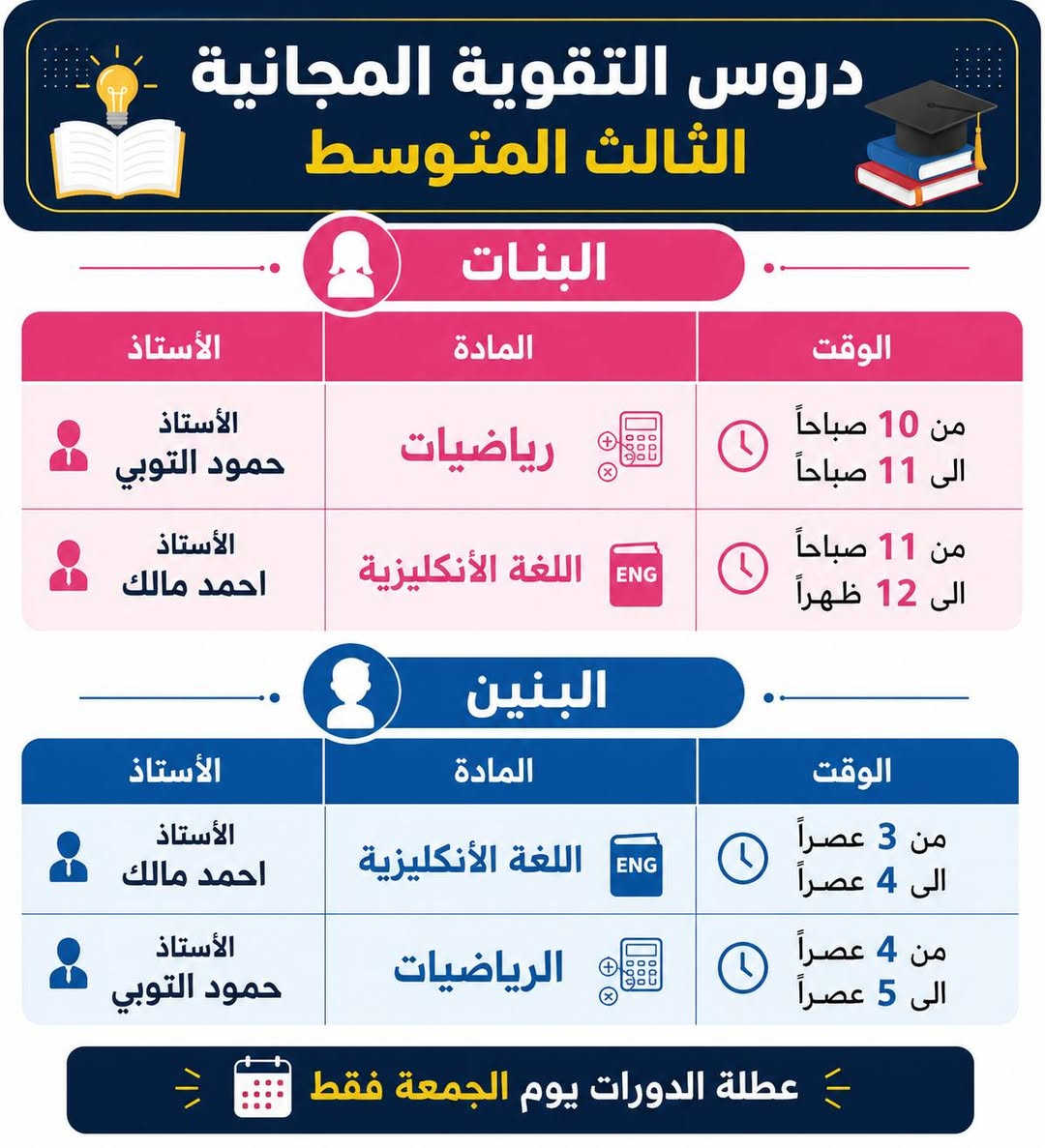 📢 انطلاق دورات التقوية المجانية 💯

اللغة الانگليزية 🔠 + الرياضيات 🔢
البنات صباحا 🕙🕚
البنين عصرا🕒🕓

التسجل مفتوح واتساب📞  ***********
🎯 الموقع/ الخضر/ الصوب الكبير/ شارع النائب خديجة الجابري.
