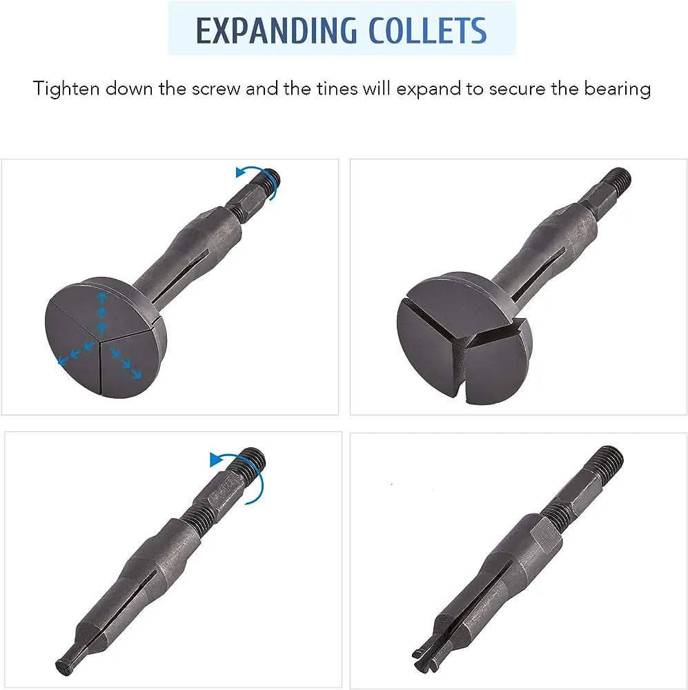 هذه مجموعة أدوات استخراج محامل ومحركات داخلية (16 قطعة) لإزالة المحامل والمحركات من الثقوب العمياء. 
المكونات: تتضمن مطرقة انزلاقية ومجموعة من القوابض المتقطعة (Collets) بأحجام مختلفة لتناسب أنواعًا مختلفة من المحامل. 
الاستخدام: تستخدم لإزالة محامل المحرك (Pilot Bearings)، والبطانات (Bushings)، والأختام (Seals) في السيارات والمركبات التجارية والمعدات الزراعية. 
المميزات: مصنعة من مواد متينة مثل فولاذ الكروم والموليبدينوم لتحمل ضغط السحب القوي. 
التشغيل: يتم إدخال القابض في المحمل وتوسيعة ليتمسك بالسباق الداخلي، ثم استخدام المطرقة الانزلاقية لسحبه. 
 رقم ***********
