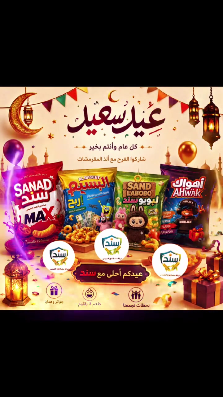 تتقدم شركة سند لإنتاج الشيبس بأحرّ التهاني والتبريكات بمناسبة عيد الأضحى المبارك، سائلين الله أن يعيده عليكم بالخير والفرح والبركة 🌙💛
كل عام وأنتم بخير، وأيامكم مليانة سعادة وطعم ألذ مع سند 🌟🥔

عيدكم أحلى… ويانه نكهة ما تنتنسى 😍

#سند #عيد_سعيد #شركة_سند_لإنتاج_الشيبس


**إذا كنت صاحب هذا الإعلان وتريد حذفه لأي سبب، رجاءا أرسل رسالة إلى الدعم الفني**