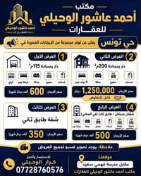 🏡يعلن مكتب احمد عاشور الوحيلي للعقارات عن توفر ايجارات🏡 🔹 العرض الأول ...
