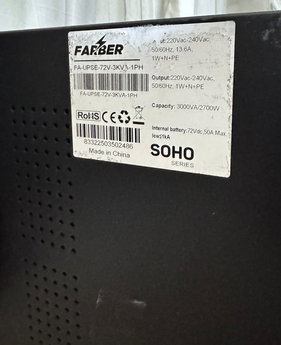 UPS FARBER Online  للبيع
قدرة حقيقية 3000VA / 2700W  
موديل: FA-UPSE-72V-3KVA-1PH  
Online UPS  
شاشة LCD  
يدعم 220-240V  
بطاريات داخلية 72V  
حماية من انقطاع الكهرباء وتذبذب الفولتية

مناسب جداً لـ:
أجهزة الـ PC القوية  
السيرفرات  
أجهزة المونتاج والتصميم  
الكاميرات والشبكات  
أجهزة الاستوديو والأجهزة الحساسة

الجهاز استخدام فترة قصيرة جدا ونظيف وشغال والحمدلله  
السعر 500 الف دينار عراقي مناسب مقارنة بالمواصفات

للاستفسار ***********
