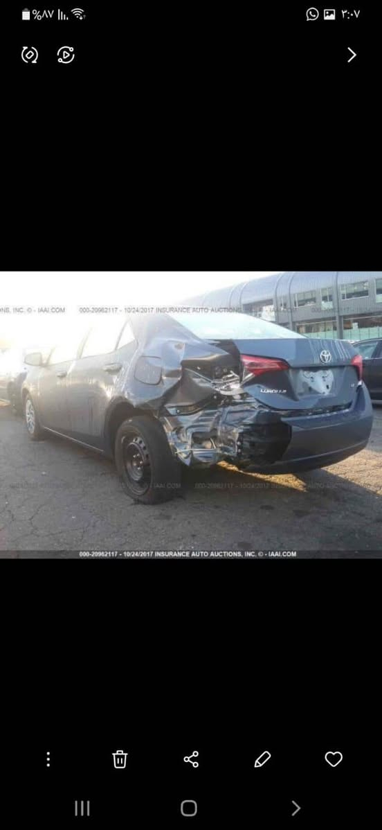 السلام عليكم.. كورلا 2017 le، ماشية 98 الف ميل قابل للزيادة حادث امريكا موضح بالصورة و بارد في الجاملغ الأمامي الايسر.. السعر: 136$.. للتواصل: ***********.
