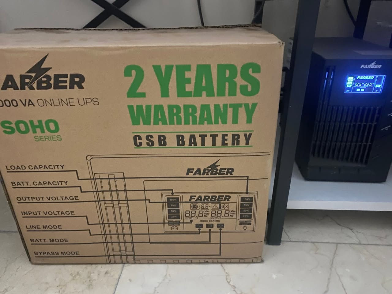 السلام عليكم
يو بي إس للبيع 
فاربر اصلي ابو الضمان 
1kv online 
بعده جديد بطاريات جديدة وما مبدله 
سعر 250 وبي مجال الكارتونه وياه


**إذا كنت صاحب هذا الإعلان وتريد حذفه لأي سبب، رجاءا أرسل رسالة إلى الدعم الفني**