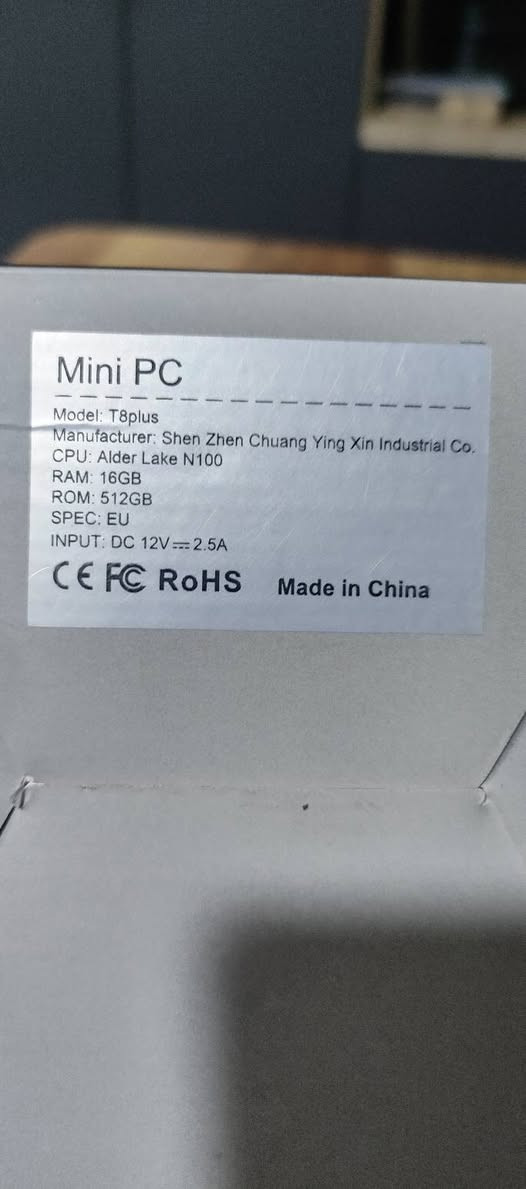 تحية طيبة شباب توفرت مني بيسي ابيع شباب اعلا سعر شرط الاعتماد وتساب ***********
مواصفات
Mini PC

Model: T8plus

Manufacturer: Shen Zhen Chuang Ying Xin Industrial Co.

CPU: Alder Lake N100

RAM: 16GB

ROM: 512GB

SPEC: EU

INPUT: DC 12V-2.5A
