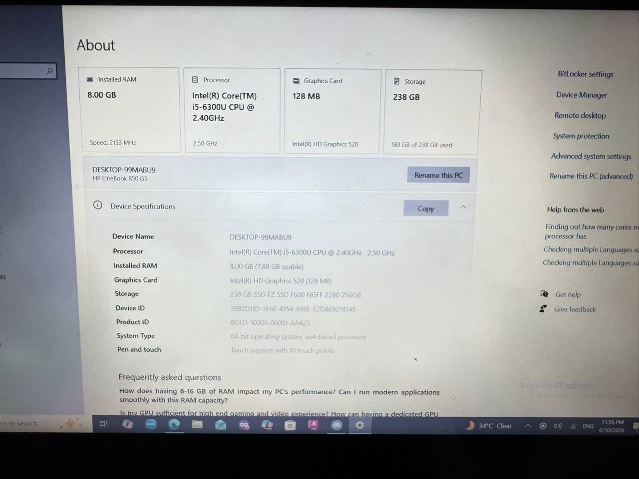 HP EliteBook 850 G3
* المعالج: Intel Core i5-6300U @ 2.40GHz
* الرام: 8GB DDR4
* التخزين: SSD حوالي 256GB (المتاح للنظام 238GB)
* كرت الشاشة: Intel HD Graphics 520
* النظام: 64-bit
* الشاشة: Touch Screen (10 نقاط لمس)
 السعر :مع كافه المحلقات 450


**إذا كنت صاحب هذا الإعلان وتريد حذفه لأي سبب، رجاءا أرسل رسالة إلى الدعم الفني**