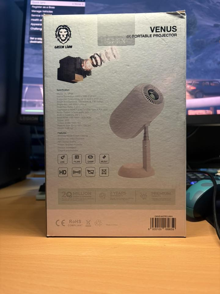 Native Resolution: 1920 x 1080 (Full HD)
Supported Resolution: Up to 3840 x 2160 (4K)

Image Size/Distance: 100 Inches @ 2.95 Meters

Brightness: 240 ANSI Lumens

Projection Ratio: 1.35:1

Power: 49W

Screen Scale: 16:9/4:3

Built-in Speakers: 3W x 1

Audio Output: 3.5mm Audio Jack

Ram/Rom: 1GB Ram + 8GB Rom

Features

Wireless/Wired Screen Casting

Supports 4K Video Playback

HiFi Sound Quality

Hidden Bracket Projector

Flexible Installation

Elegant and Portable

***********
