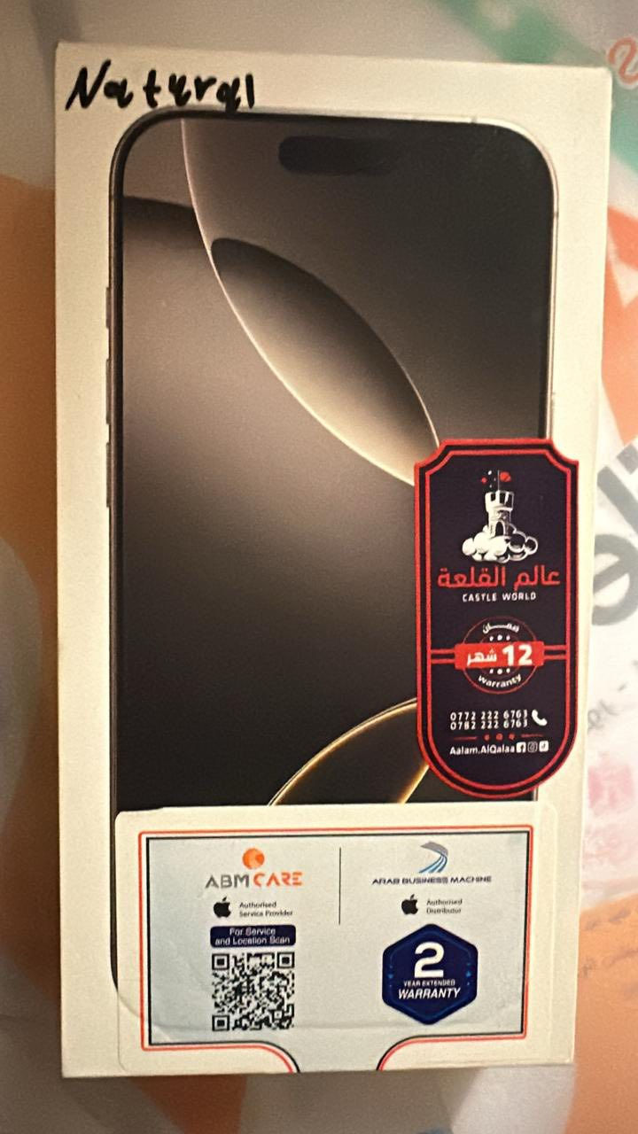 السلام عليكم آيفون 16 برو ماكس 256 نسبة البطاريه 100 مشحون اقل من 130 مره نسبة النظافه 100‎%‎ 
المكان بغداد 
السعر 1450 وبي مجال قليل

***********
👍
