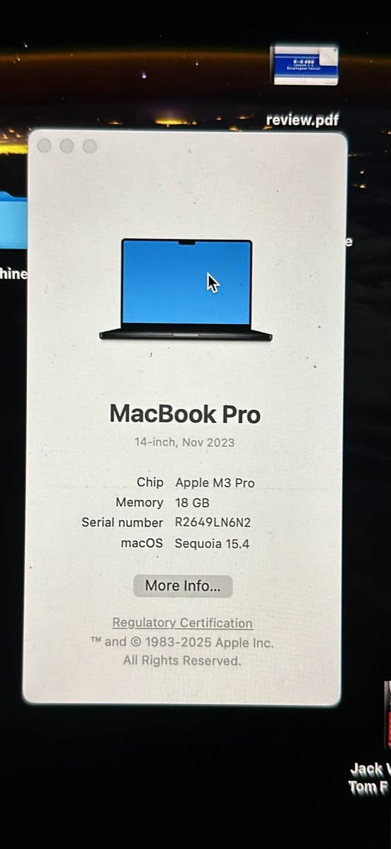 MacBook pro November 2023 
M3 
18gb ram
512 storage 
14 inch
Battery health 98%
Like new 
Price 1300$
 
ماك بوك M3
14 انج ، رام ١٨ كيكة ، هارد ٥١٢
بطارية ٩٨ بالمية 
 سعر ١٣ ورقة 

***********  whatsapp
عنوان: بغداد -الدورة -جمعية خير الله 
للجادين فقط رجائاااااااا بغداد, العراق
