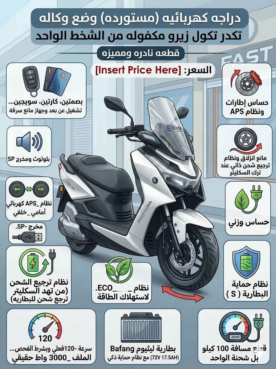 السلام عليكم (اقرأ المنشور كامل قبل لا تتصل) ⚠️
للبيع دراجة كهربائية مستوردة بحالة الوكالة (زيرو ومكفولة من الشخط) قطعة نادرة.

​المحرك: 3000 واط حقيقي.

​السرعة: 120 فعلي (بشرط الفحص).

​المسافة: 100 كيلو بالشحنة الواحدة.

​البطارية: ليثيوم Bafang (72V 17.5AH) مع نظام حماية ذكي.

​المواصفات: بصمتين، كارتين، سويجين، تشغيل عن بعد، مانع سرقة، نظام APS أمامي خلفي، مانع انزلاق، حساس وزني، نظام ECO، ونظام ترجيع شحن ذاتي عند ترك السكليتر، وبلوتوث ومخرج SP.
 الدراجه زيرووو 
السعر 2400
الرقم ***********
تجي تاخذه من البيت حته ضمان انطيك بيه
