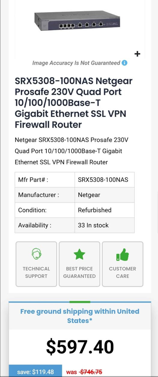 Load balancer backup 
Firewall
SRX5308-100NAS Netgear Prosafe 230V Quad Port 10/100/1000Base-T Gigabit Ethernet SSL VPN Firewall Router
Dlivary✅✔️ أربيل, العراق


**إذا كنت صاحب هذا الإعلان وتريد حذفه لأي سبب، رجاءا أرسل رسالة إلى الدعم الفني**
