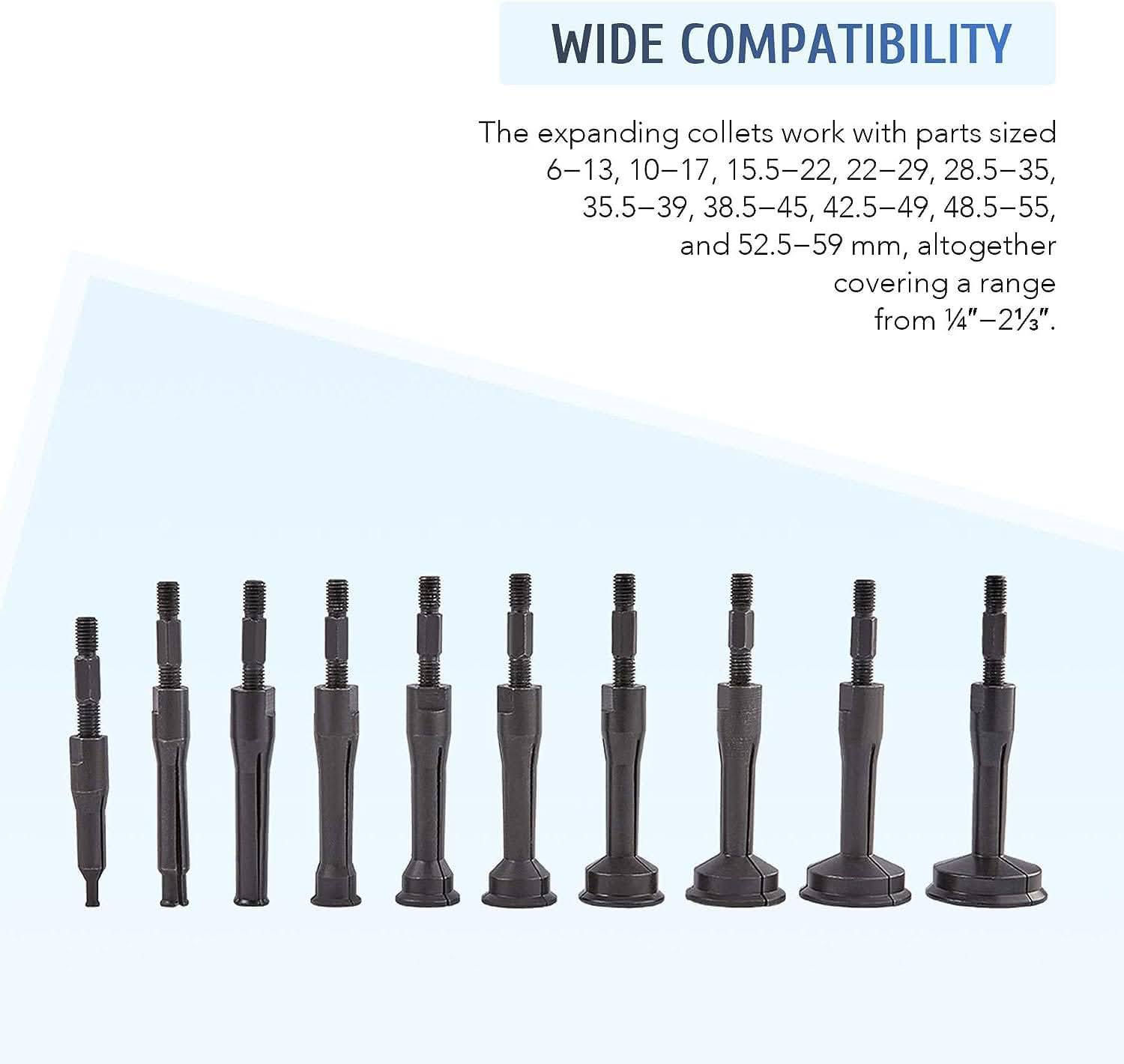 هذه مجموعة أدوات استخراج محامل ومحركات داخلية (16 قطعة) لإزالة المحامل والمحركات من الثقوب العمياء. 
المكونات: تتضمن مطرقة انزلاقية ومجموعة من القوابض المتقطعة (Collets) بأحجام مختلفة لتناسب أنواعًا مختلفة من المحامل. 
الاستخدام: تستخدم لإزالة محامل المحرك (Pilot Bearings)، والبطانات (Bushings)، والأختام (Seals) في السيارات والمركبات التجارية والمعدات الزراعية. 
المميزات: مصنعة من مواد متينة مثل فولاذ الكروم والموليبدينوم لتحمل ضغط السحب القوي. 
التشغيل: يتم إدخال القابض في المحمل وتوسيعة ليتمسك بالسباق الداخلي، ثم استخدام المطرقة الانزلاقية لسحبه. 
 رقم ***********
