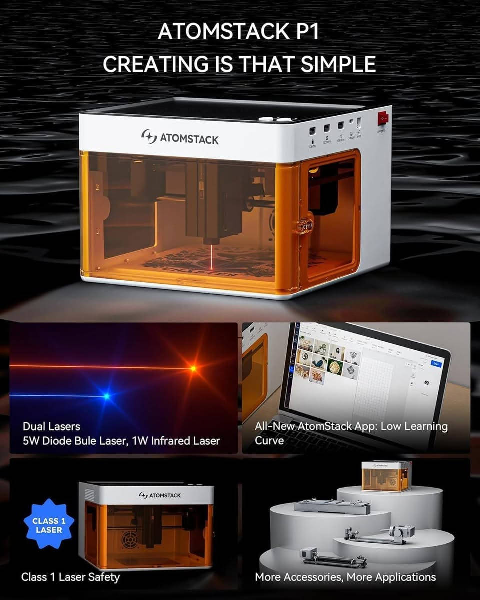 جهاز الحفر بالليزر AtomStack P1، وهو جهاز صغير ومحمول للحفر والقطع بالليزر.                  إليك أبرز مواصفاته ومميزاته:    نوع الليزر: نظام ليزر مزدوج يجمع بين ليزر ديود بقوة 5 وات للمعادن والخشب، وليزر أشعة تحت حمراء بقوة 1.2 وات للمواد الداكنة.  التصميم: تصميم مغلق بالكامل لضمان السلامة (Class 1) مع نافذة مراقبة، مما يلغي الحاجة إلى نظارات واقية.  منطقة العمل: مساحة حفر تبلغ \(110\times 110\) ملم.  الأبعاد: يبلغ حجم الجهاز \(350\times 328\times 250\) ملم، ويتميز بوزن خفيف يبلغ 3 كجم تقريباً.  التوافق: يعمل مع تطبيق AtomStack وبرامج مثل LightBurn، ويتوافق مع أنظمة التشغيل المختلفة.
ا

يم اعله سعر بالعافيه


**إذا كنت صاحب هذا الإعلان وتريد حذفه لأي سبب، رجاءا أرسل رسالة إلى الدعم الفني**