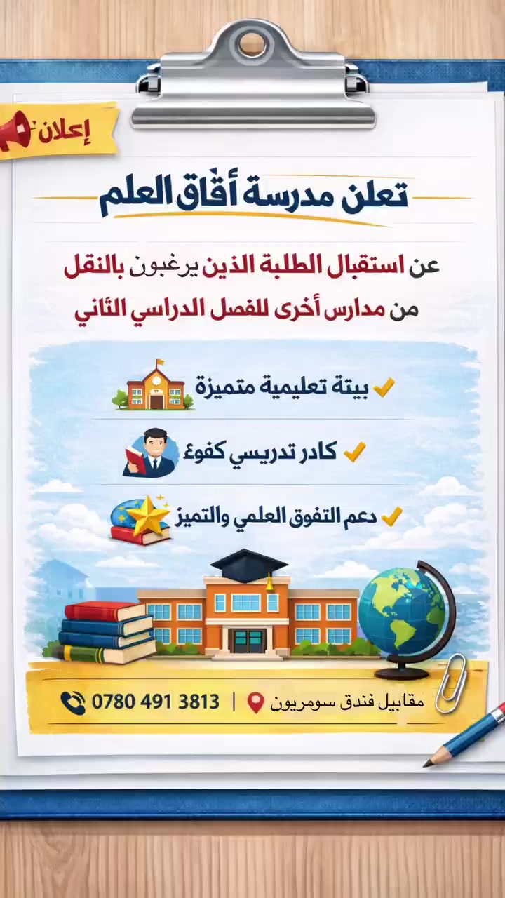 📢 مدرسة آفاق العلم ترحب بالطلبة الجدد

يسرنا أن نعلن عن استقبال جميع الطلبة الذين يرغبون بالنقل من مدارس أخرى، للانضمام إلى بيئتنا التعليمية المتميزة والمحفزة.

🏫 في مدرستنا ستحصل على:
 • تعليم متميز وإبداعي
 • كادر تدريسي كفوء
 • دعم التفوق العلمي والتميّز

📞 للاستفسار والتسجيل:‭٠٧٨٢ ٧٠٤ ٦٠٩٩‬
📍 العنوان: مقابيل فندق سومريون

🌟 مدرستنا بيئة تشجع التفوق والإبداع لكل طالب وطالبة
