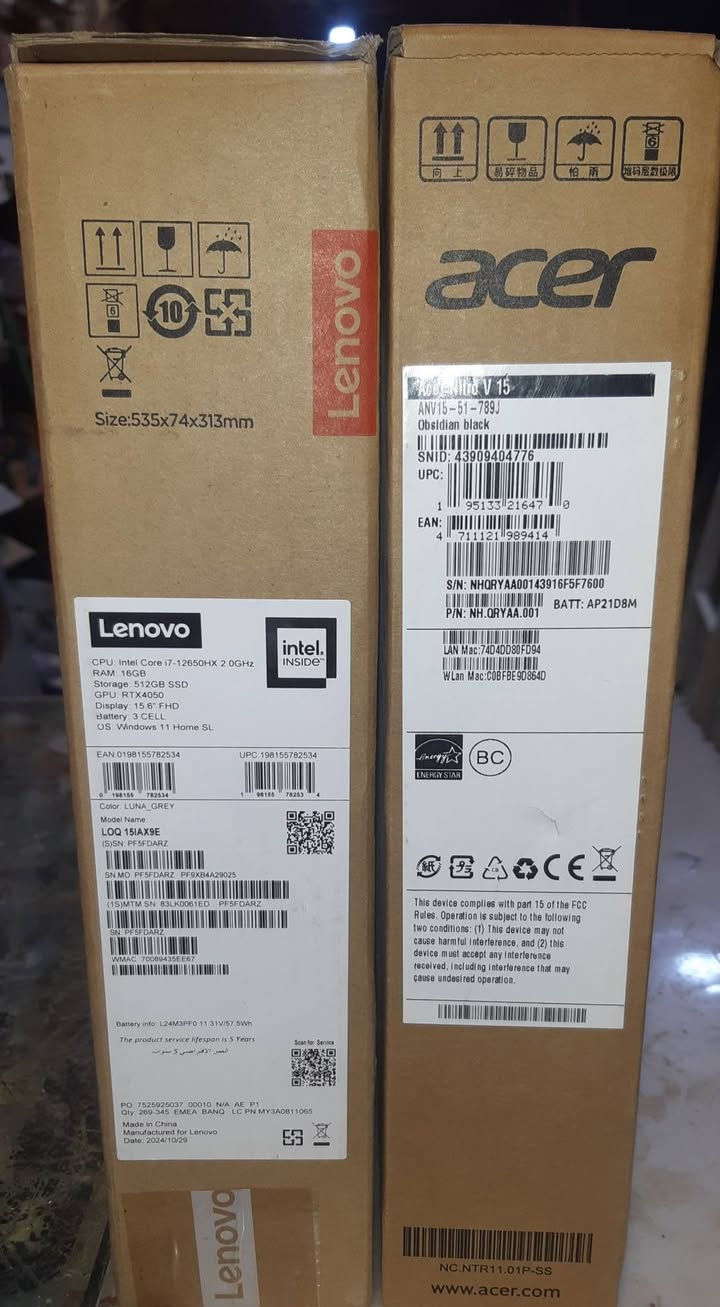 يله شباب احلى لابتوبين للبيع  ايسر نترو و لينوفو جدد و معروضات شباب رجاء فقط الجاد بالشراء  لو سمحتم اخوتي 

acer  Nitro v15 

cpu : intel core I7 - 13 620 H
RAM : 16  GB 
hard :512 GB ssd
GPU : RTX 4060
DSP: 15.6 FHD
OS : windows 11 home 

lenoveo LOQ  15 IAX9E 

cpu : intel core I7 - 12 650 Hx 2.OGHZ
RAM : 16  GB 
hard :512 GB ssd
GPU : RTX 4050  
DSP: 15.6 FHD
OS : windows 11 home SL
 
الخاص موجود  و اذا تحب راسلني خاص 
وتساب 
***********
