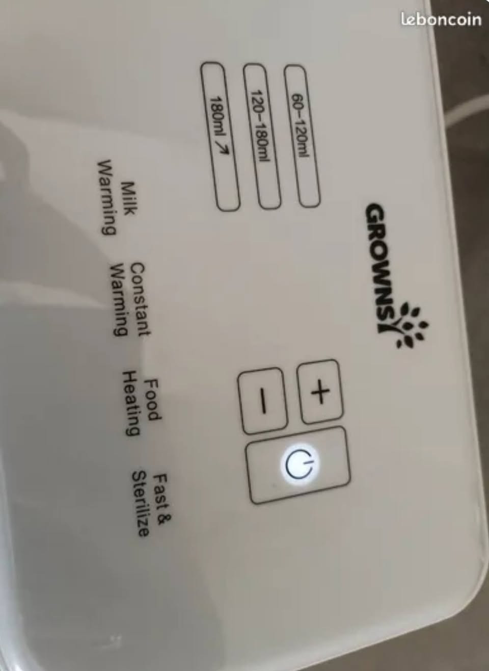 هذا الجهاز هو جهاز تسخين رضاعات الأطفال وتعقيمها من العلامة التجارية Grownsy. يُستخدم الجهاز لتسخين الحليب والأطعمة المخصصة للأطفال، بالإضافة إلى وظيفة التعقيم. 
الوظائف والمميزات الرئيسية:
تسخين الحليب (Milk Warming): تتوفر خيارات مسبقة الإعداد لسعات مختلفة من الحليب تشمل (60-120 مل)، (120-180 مل)، وأكثر من 180 مل.
التسخين المستمر (24H): ميزة الحفاظ على درجة حرارة الحليب لمدة تصل إلى 24 ساعة.
تسخين الطعام (Food Heating): مخصص لتسخين وجبات الأطفال الصغيرة.
التعقيم السريع (Fast & Sterilize): وظيفة مخصصة لتعقيم الرضاعات والملحقات بسرعة.
واجهة التحكم: يتضمن شاشة رقمية لعرض الإعدادات وأزرار للتحكم (زيادة/نقصان وزر التشغيل). بغداد, العراق


**إذا كنت صاحب هذا الإعلان وتريد حذفه لأي سبب، رجاءا أرسل رسالة إلى الدعم الفني**