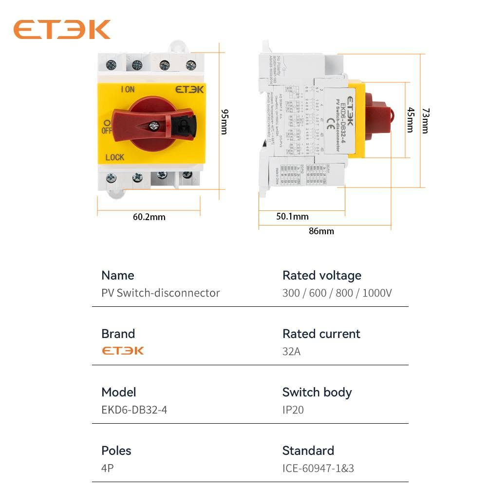 مفتاح عزل تيار مستمر (DC Isolator Switch) من شركة ETEK، يُستخدم بشكل أساسي في الأنظمة الشمسية الكهروضوئية.الوظيفة: يعمل كمفتاح أمان يدوي لفصل الألواح الشمسية عن العاكس (Inverter) أثناء الصيانة أو الطوارئ.المواصفات: عادة ما يتحمل جهدًا يصل إلى 1000 فولت أو 1500 فولت تيار مستمر، بتيار تشغيل يبلغ 32 أمبير.المميزات: يتميز بمقبض دوار قابل للقفل، وهيكل مقاوم للاشتعال، 
متوفر 4 قطع للي مهتم يخلي سعر


**إذا كنت صاحب هذا الإعلان وتريد حذفه لأي سبب، رجاءا أرسل رسالة إلى الدعم الفني**