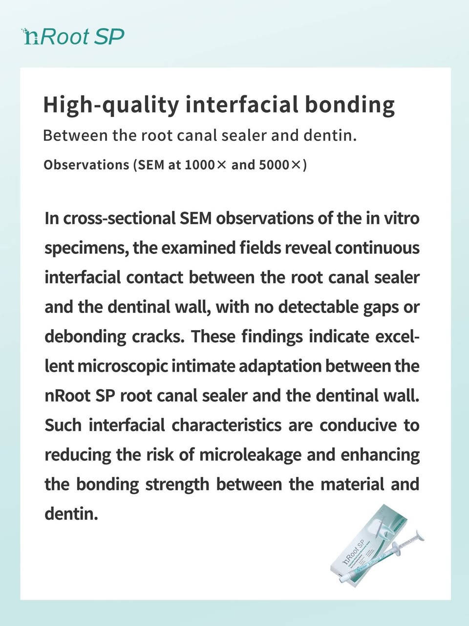 NRoot SP
Bioceramic Sealer 
من شركة ENP الرائدة عالمياً بمنتجاتها ودراساتها 
شنو يميّزه علميًا؟
‏🔹 Interfacial bonding قوي ويا العاج (Dentin)
حسب صور SEM:
 • يسوي bonding مستمر بين السيلر والعاج
 • يقلل الـ gaps والفراغات
 • يحسّن الإحكام (Seal) على المدى الطويل
‏🔹 Hydrophilic
يحب الرطوبة
يعني حتى لو القناة بيها رطوبة خفيفة، يشتغل بكفاءة عالية
(ميزة مهمة بحالات صعبة التجفيف)
‏🔹 Setting reaction حيوي
يتفاعل ويا الرطوبة ويسوي:
 • Calcium hydroxide
 • Calcium silicate hydrate
⬅️ هذا يساعد على:
‎ • التئام الأنسجة
‎ • تقليل الالتهاب
‎ • توافق حيوي عالي (Biocompatibility)
🔹 pH عالي بالبداية
 • تأثير مضاد للبكتيريا
 • مفيد بحالات الـ reinfection
🔹 انكماش شبه معدوم
على العكس من بعض السيلرات الراتنجية
⬅️ ثبات حجمي ممتاز
‏⬅️ Seal طويل الأمد

وين احنا؟📍📍‼️
دنتست ستور لمستلزمات طب الاسنان بغداد / باب المعظم / قرب فرع
مصرف الرافدين
للحجز والاستفسار:
0777 935 6962
0
