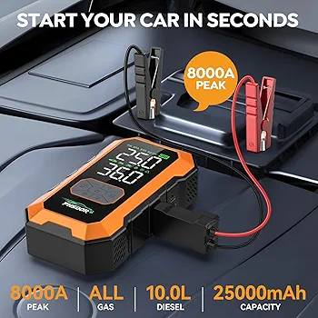 هذا المنتج هو جهاز PHSDOR متعدد الوظائف للطوارئ، يجمع بين مشغل بطارية السيارة ومنفاخ إطارات.
مشغل البطارية (Jump Starter): يتميز بتيار ذروة عالي يصل إلى 8000 أمبير وبطارية بسعة 25000 مللي أمبير، مما يجعله مناسبًا لتشغيل محركات البنزين والديزل. 
ضاغط الهواء (Tire Inflator): مزود بضاغط هواء بضغط يصل إلى 150 رطل لكل بوصة مربعة (PSI) لإطارات السيارات والدراجات، مع خاصية الإغلاق التلقائي. 
بنك طاقة ومصباح: يحتوي على منافذ USB لشحن الأجهزة الإلكترونية ومصباح LED للطوارئ بثلاثة أوضاع تشغيل. 
شاشة عرض: شاشة رقمية تظهر ضغط الإطارات الحالي والمستهدف، بالإضافة إلى مؤشر مستوى البطارية.


**إذا كنت صاحب هذا الإعلان وتريد حذفه لأي سبب، رجاءا أرسل رسالة إلى الدعم الفني**