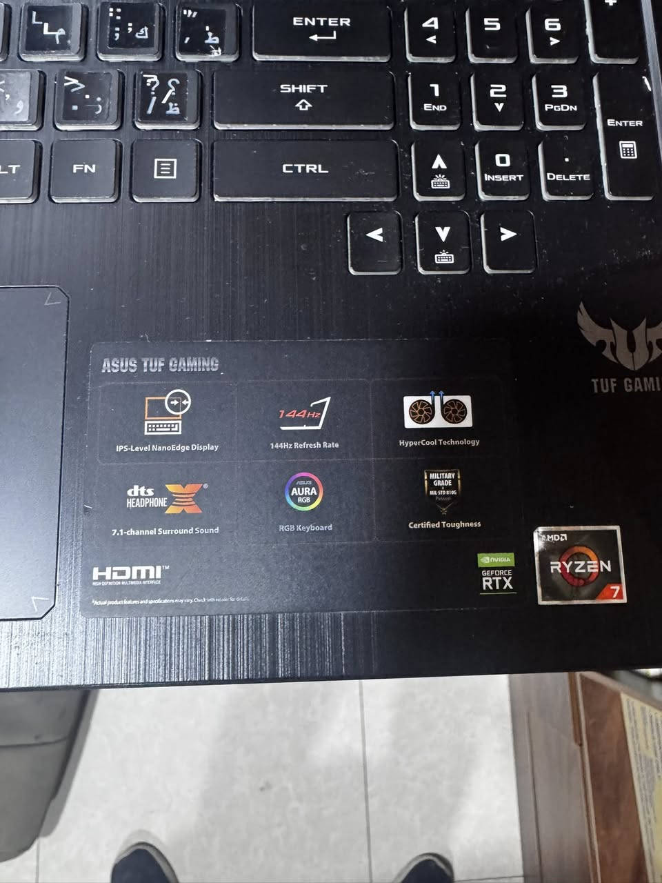 * جهازك ASUS موديل TUF Gaming FX505DV
المعالج AMD Ryzen 7 3750H
    4 أنوية / 8 خيوط
    تردد يصل إلى 4.0GHz  
* كرت الشاشة:
‏    NVIDIA GeForce RTX 2060 6GB  
* الشاشة: 15.6 انج
‏    Full HD 1920×1080
    حتى H144z
* لوحة مفاتيح:  مضيئة RGB
* الرام:
    غالباً 16GB DDR4
    وقابل للترقية حتى 32GB  
* التخزين:
‏    SSD NVMe سريع512
* الوزن:
    حوالي 2.2 كغم  
* البطارية:
‏    48Wh تقريباً  
للبيع بسعر ٧٥٠ الف وبيه مجال بسيط مكاني بغداد المنصور ***********
