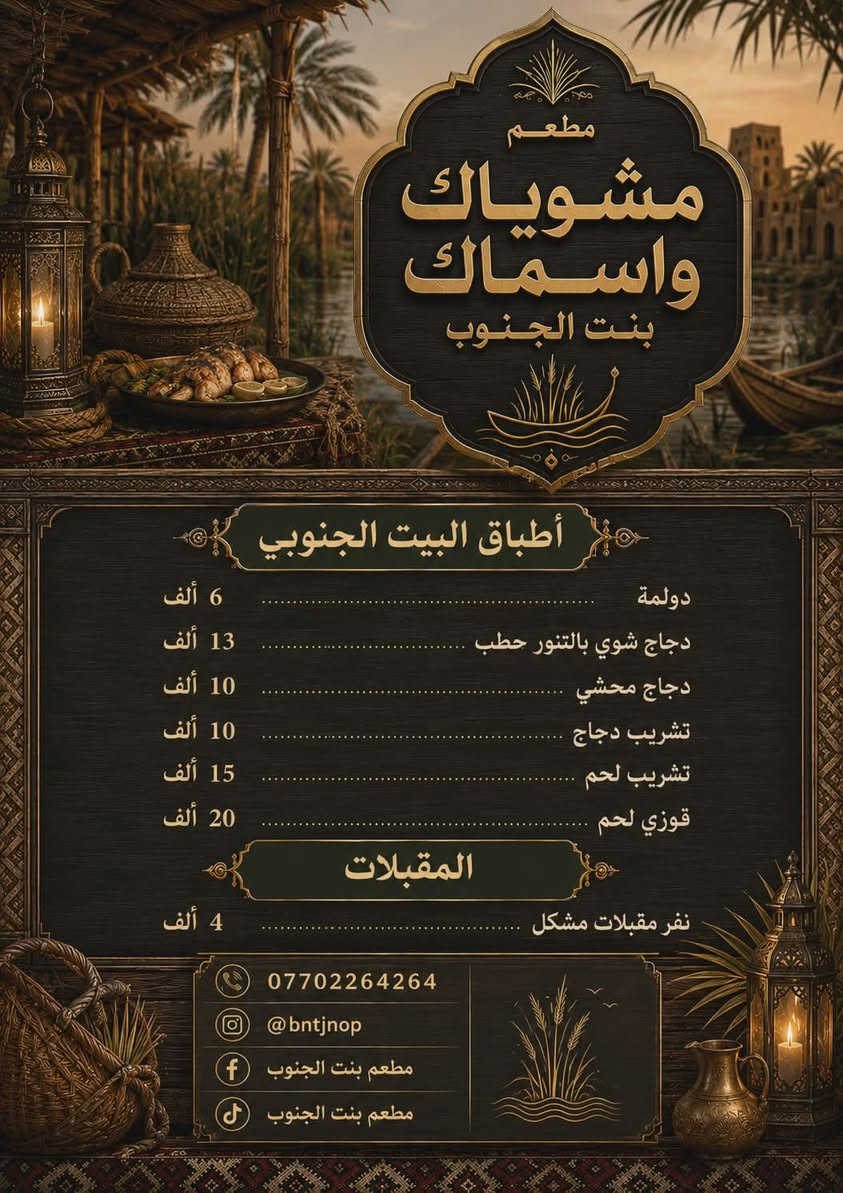 تصميم قائمة طعام لصالح مطعم (مشويات واسماك بنت الجنوب) بشكل جنوبي تراثي بحسب الطلب . اي تصميم تحتاج بسعر مناسب راسلني خاص او  على الواتساب

***********
او تليكرام
@pd_mf1
