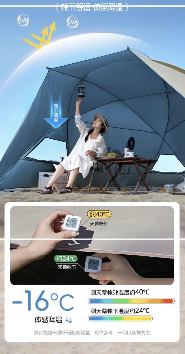 مظلة او خيمة تخييم من ماركة Camel (الجمل )وتحديداً موديل يُعرف باسم "خيمة سماء الجمل" المخصصة للاستخدام في الأماكن المفتوحة والسفرات والشاطئ
المميزات الرئيسية للخيمة:
الحماية من الشمس: توفر حماية ممتازة بمعامل (UPF50+)، حيث تستخدم طبقة من الفينيل أو طلاء فضي لحجب الأشعة فوق البنفسجية والعزل الحراري، مما قد يقلل الحرارة بنسبة تصل إلى 15%.
مقاومة الماء: الخيمة مصنوعة من قماش "أكسفورد" المتين وتوفر مقاومة للماء تتراوح بين 2000 مم إلى 3000 مم، مما يجعلها مناسبة لظروف جوية مختلفة.
التصميم والسعة: تتميز بتصميم "قبة" يمنحها ثباتاً جيداً ومساحة واسعة، حيث تبلغ مساحة التغطية حوالي 8.8 متر مربع، وتتسع لعدد يتراوح بين 2 إلى 6 أشخاص 
سهولة الاستخدام: مصممة لتكون خيمة سريعة الفتح (أوتوماتيكية) وسهلة الإعداد والطي، مما يجعلها مثالية للرحلات القصيرة والنزهات. 
قياس المظلة العرض ٣ متر و ٦٠ سانتمتر الطول او العمق ٢ متر و ٨٠ سانتمتر  الارتفاع ١ متر و٨٠ سانتمتر 
تواصل خاص او *********** واتساب
