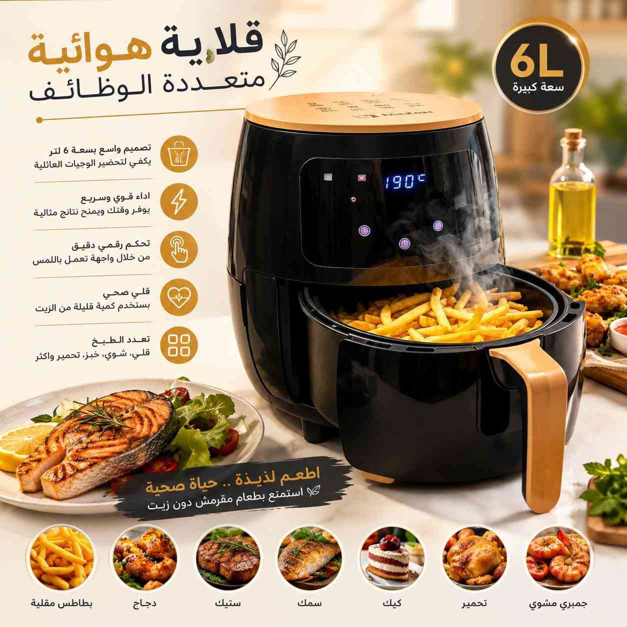 السعر ٤٠ الف وتوصيل مجاني لكافة المحافظات 
🍟✨ قلاية  6 لتر – أكلات مقرمشة وصحية بسرعة!
تحكم رقمي LCD، قلي بدون زيت، متعددة الاستخدامات 🍗🥔🥐
متينة وعملية لكل العائلة.


**إذا كنت صاحب هذا الإعلان وتريد حذفه لأي سبب، رجاءا أرسل رسالة إلى الدعم الفني**