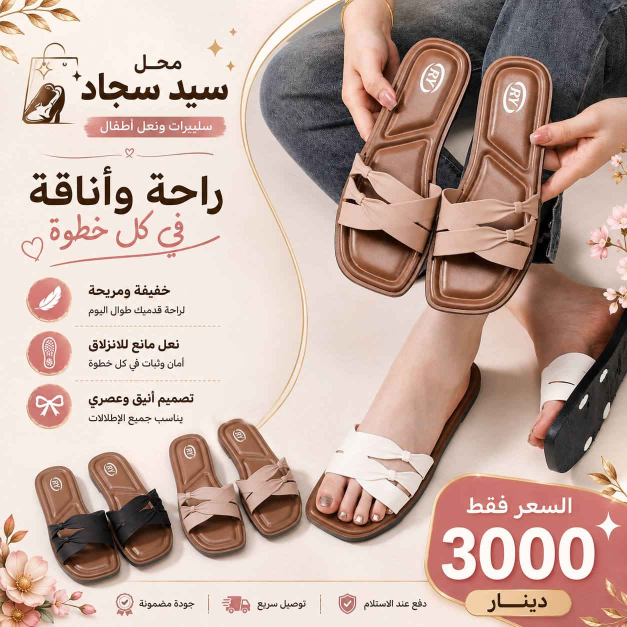 ✨ وصل الجديد لمحل سيد سجاد ✨

سليبرات نسائية خامة مرتبة ومريحة 👡💖
موديلات عصرية تناسب الطلعات والاستخدام اليومي 😍

✔️ نعل مريح ومانع للانزلاق
✔️ ألوان تجنن
✔️ قياسات 37-42
✔️ جودة مرتبة وسعر مناسب

🔥 السعر فقط 3000 دينار 🔥
عنوان المحل/طويريج شارع البالات مقابل مكتبة الدرة
متوفر توصيل لجميع المناطق طويريج 
للحجز والاستفسار راسل الصفحة 📩

محل سيد سجاد
للسليبرات واحذية ونعل أطفال 🌸


**إذا كنت صاحب هذا الإعلان وتريد حذفه لأي سبب، رجاءا أرسل رسالة إلى الدعم الفني**