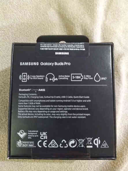 Samsung Galaxy Buds Pro®
🔊 سەماعەی سامسۆنگ گالاکسی بەدس پڕۆ دەنگی بەرز و بێ خەوش و خۆشی هەیە بە تایبەتمەندی بڵندگۆی sound by AKG وە ANC دژە دەنگی ژاوەژاوە .

💦 دژە ئاو و تەڕبوون و بارانە 

🔉 تایبەتمەندی بڵندگۆی🔈

Audio & Sound
Speaker: 2-way (11mm woofer + 6.5mm tweeter) tuned by AKG®.

Microphones: 3 mics (2 outer, 1 inner) with Voice Pickup Unit (VPU) & Wind Shield.
Noise Cancellation: Active Noise Cancellation (ANC) up to 99%, 2 levels.

Ambient Sound: Amplifies external sound up to +20dB, 4 levels.

Special Features: Voice Detect, 360 Audio with Dolby Head Tracking (on compatible devices). 
Connectivity & Compatibility.

Codecs: Samsung Scalable Audio, AAC, SBC.
Compatibility: Android 7.0+ with >1.5GB RAM.

Battery & Charging
Earbud Battery: 61mAh.
Case Battery: 472mAh.
Playback (ANC On): 5 hrs (earbuds) / 18 hrs (with case).
Playback (ANC Off): 8 hrs (earbuds) / 28 hrs (with case).
Talk Time: Up to 4 hrs (ANC on) / 5 hrs (ANC off).
Charging: Qi wireless, quick charge (5 min for 1 hr play).

Design & Durability
Water Resistance: IPX7.
Colors: Phantom Black, Phantom Silver, Phantom Violet.
Weight: Earbuds ~6.3g; Case ~44.9g.

Sensors & Controls
Sensors: Accelerometer, Gyro, Proximity, Hall, Touch, VPU.
Controls: Touch-based.

Sensors & Controls
Sensors: Accelerometer, Gyro, Proximity, Hall, Touch, VPU.
Controls: Touch-based.

🗳️ هەڵنەپچراو
📦 Uninterrupted

🎁 ئەمانە لەناو بۆکسەکە دان
🥡 In the Box
Earbuds,
Charging Case,
Eartips,
Charging Cable,
Quick Start Guide
_______________________
📲 کۆڕەک & ڤایبەر : ***********
📲 Korek & Viber : ٠***********٠ أربيل
