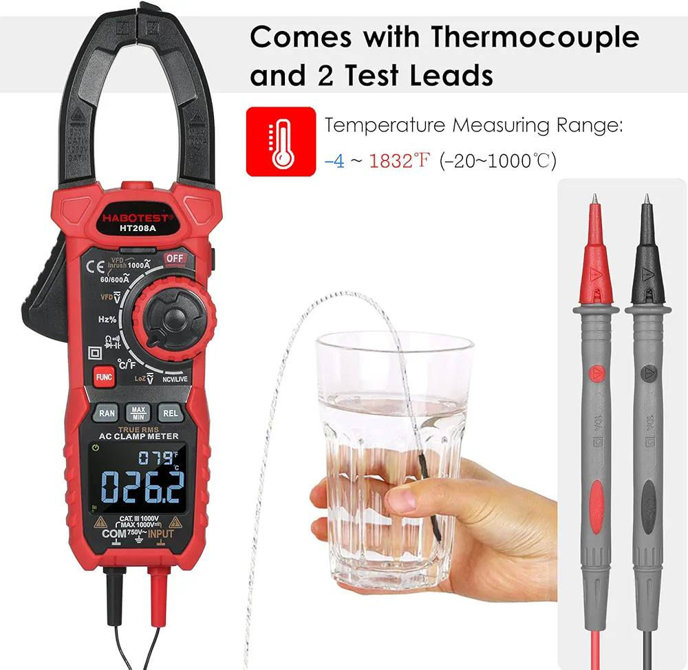 كلابميتر من شركة (HABOTEST)
- HT208A. 
       (1000V/1000A) <AC/DC> 

🚩 المميزات:
✅ الجهاز مصنوع من مواد دقيقة وقوية ولها خدمة طويلة في الحياة ، لا تحتاج إلى تغييره في كثير من الأحيان.
✅ الجهاز مزود بمصباح يدوي حتى يمكن استخدامة في الظلام.
✅ الجهاز متعدد الوظائف: فيمكن استخدامه لقياس كل من ( التيار  AC/DC ،الجهد AC/DC ، المقاومة ، السعة ، درجة الحرارة ، التردد ، كشف NCV ، ،VFDالاستمرارية ، اختبار الدايود ، عدم الاتصال والكشف بالجهد اذا كان الاتصال ضعيف). 
✅ يقيس مايسمى بال (inrush DCA zero) تيار بدأ التدفق في المحرك او الاحمال الحثية.
✅ وظيفة التنبيه: مع صوت عال عند تلقي الإشارة الكهرومغناطيسية لتنبيه.
✅ وظيفة إيقاف التشغيل التلقائي: سيتم إيقاف التشغيل تلقائيا دون أي عملية في غضون 15 دقيق ، مما يوفر طاقة البطارية.
✅ البطاريات :  2 * بطارية خارجية (AAA).

ــــــــــــــــــــــــــــــــــــــــــــــ
السعــــر 50 ألف مع توصيل


**إذا كنت صاحب هذا الإعلان وتريد حذفه لأي سبب، رجاءا أرسل رسالة إلى الدعم الفني**