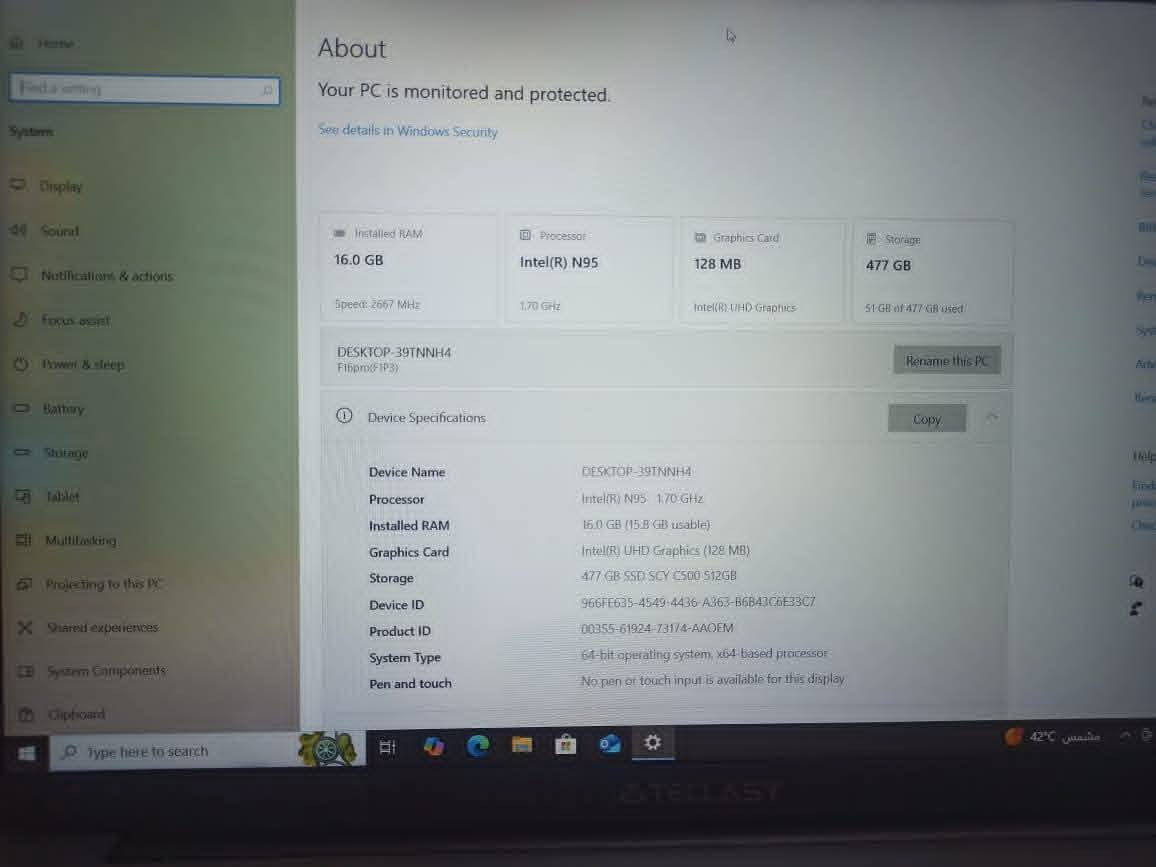 حاسبة بمواصفات متوسطة إلى قوية
الاسم : TECLAST F16 PRO 
المعالج : Intel N95 12 gen 1.70GH(الجيل 12 ) 
المعالج يحتوي على 4 انوية
الرام: 16 GB Ram
الهارد: 512GB SSD 
الكيبورد: ضوئي

- *التخزين*: 512GB SATA M.2 2280
- *الشاشة*: 15.6 بوصة IPS، FHD (1920 x 1080)
- *البطارية*: 5000mAh 3-سلل ليون
- *المنافذ*:
- 1x USB 3.2 Gen 1 Type-C
- 2x USB 3.2 Gen 1 Type-A
- 1x Mini HDMI
- 1x 3.5mm كومبو أوديو جاك
- 1x MicroSD كارد سلاوت
- *الاتصال*: WiFi 6، بلوتوث 5.0
- *الكاميرا*: 2MP 720p
- *نظام التشغيل*: Windows 11 Pro

للتواصل : ***********

السعر : 250 وبي مجال حگ الجيه
