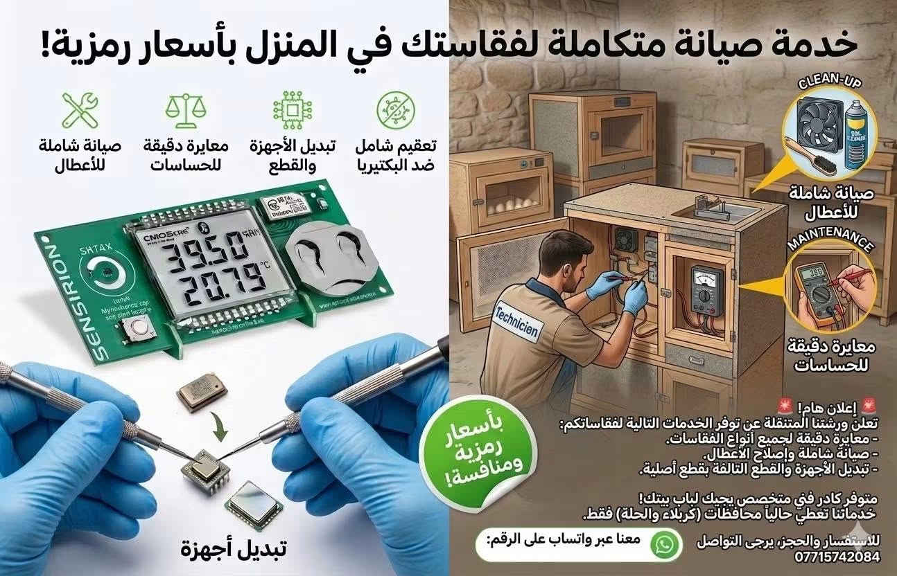 🔧 يتوفر إصلاح وصيانة ومعايرة جميع أنواع الفقاسات في منزلك
🚐 ورشة متنقلة لخدمتكم

✅ فحص الأعطال

✅ الصيانة والإصلاح

✅ معايرة الحرارة والرطوبة

📍 الخدمة متوفرة فقط في كربلاء وبابل

📞 ***********
