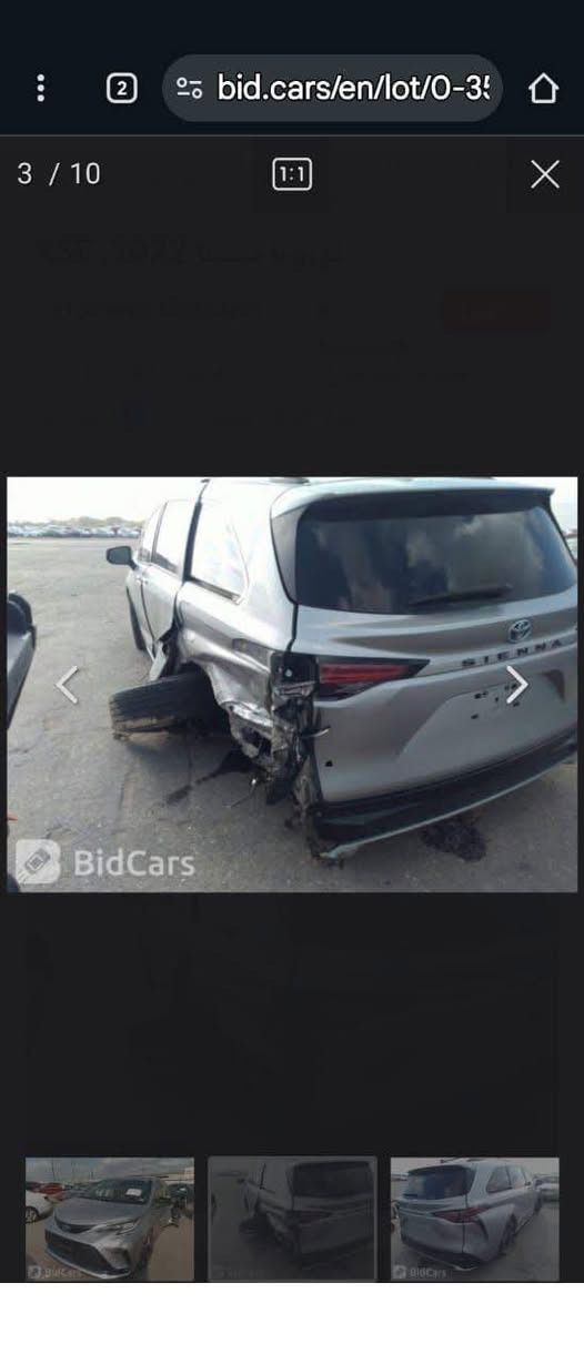 سيارة تويوتا سينا لون سلفر 
موديل 2022 هايبرد 
محرك 2500 اربعة سلندر 
فئة XSE 
حادثها جاملغ خلفي ايربالك بردة فقط طاك 
ماشية 50،000 كيلو متر وقابل للزيادة 
السعر المطلوب 270 ورقة وبيها مجال 
الرقم *********** للتواصل والاستفسار الجاد فقط السيارة موجودة في بغداد
