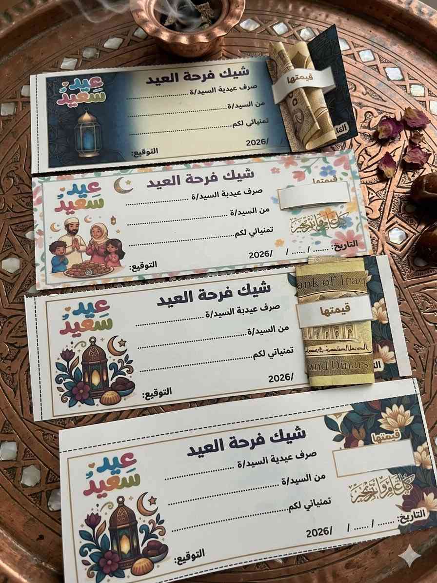 كروت وتوزيعات العيد
توزيعات بأشكال مختلفة مع قطعة حلوى سعر ال12 قطعة ب5 الاف 
شيكات العيدية سعر الكرت ال20 كرت ب5 الاف 
اكياس العيدية سعر الكيس الف دينار 
للحجز على الخاص


**إذا كنت صاحب هذا الإعلان وتريد حذفه لأي سبب، رجاءا أرسل رسالة إلى الدعم الفني**