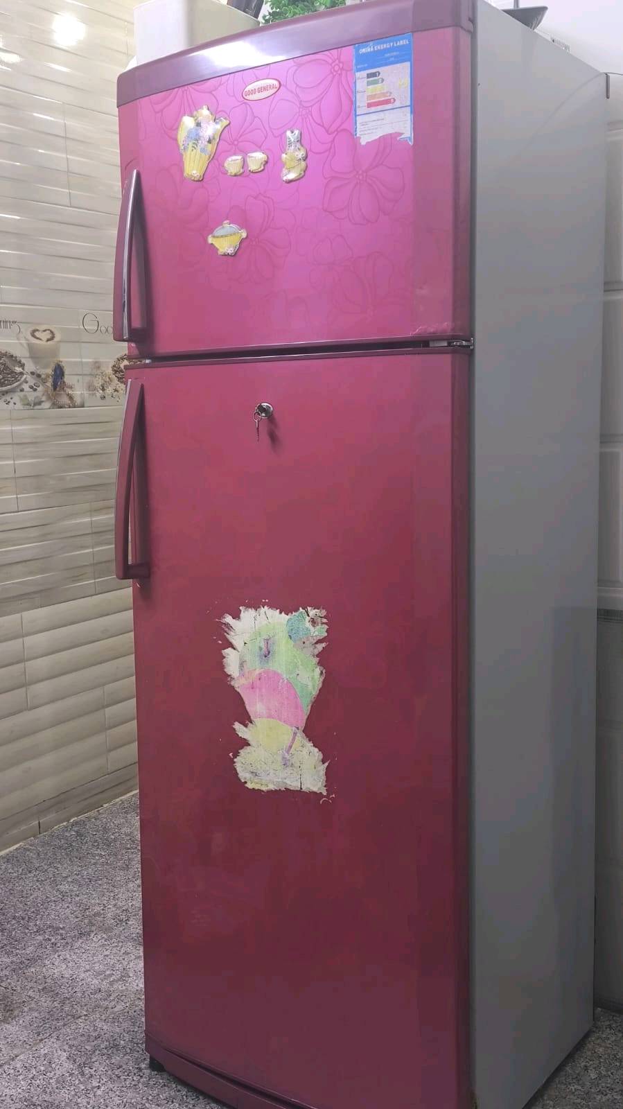 ثلاجة بحالة جيدة تحتوي على فريزر ورفوف متعددة للتخزين. لونها وردي وتصميمها مناسب للمطابخ العصرية. تعمل بكفاءة وتأتي بمساحة تخزين واسعة تساعد في حفظ الأطعمة بشكل مثالي.