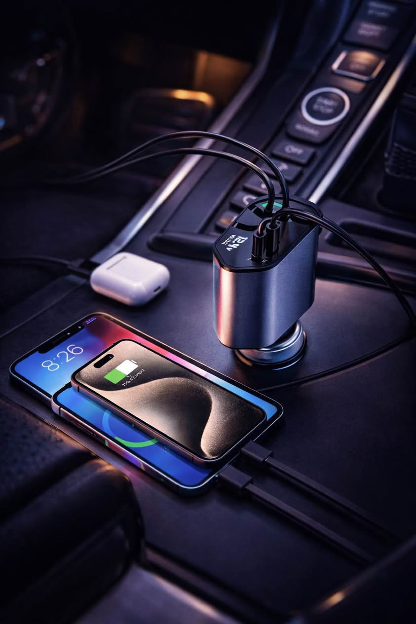 شاحن سيارة سريع 4 في 1 بكيبلات قابلة للسحب – قدرة حتى 120W

• شاحن سيارة عملي بتصميم ذكي 4 في 1 مزوّد بكيبلات قابلة للسحب، يتيح شحن عدة أجهزة بسهولة داخل السيارة مع تنظيم أفضل للأسلاك.

• 4 منافذ شحن في جهاز واحد
يدعم شحن عدة أجهزة بفضل وجود منافذ USB و Type-C بالإضافة إلى الكيبلات المدمجة.

• كيبلات شحن تلسكوبية قابلة للسحب
تصميم Retractable يساعد على تقليل الفوضى داخل السيارة مع إمكانية سحب وإرجاع الكيبل بسهولة.

• إمكانية شحن حتى 4 هواتف في نفس الوقت
مناسب للاستخدام العائلي أو أثناء السفر بفضل تعدد المنافذ والكيبلات.

• زاوية دوران حتى 180°
رأس الشاحن قابل للتعديل بحرية حتى 180 درجة لسهولة الاستخدام داخل منفذ السيارة.

• حماية مدمجة أثناء الشحن
مزود بحماية من التيار الزائد و الدوائر

 • النوع: شاحن سيارة 4 في 1
 • القدرة القصوى: 120W
 • طول الكيبل القابل للسحب: 800 مم
 • خرج iPhone: 5V / 2.4A
 • خرج USB: 5V / 2.4A
 • خرج Type-C: حتى 100W (Super Fast Charging)
 • خرج كيبل USB-C: 5V / 3A
 • الجهد المدخل: 12V – 24V
 • الأبعاد: 139 × 65 × 34.5 مم
 • المادة: ABS + PC
 • القدرة الاسمية: Max 120W بغداد, العراق


**إذا كنت صاحب هذا الإعلان وتريد حذفه لأي سبب، رجاءا أرسل رسالة إلى الدعم الفني**