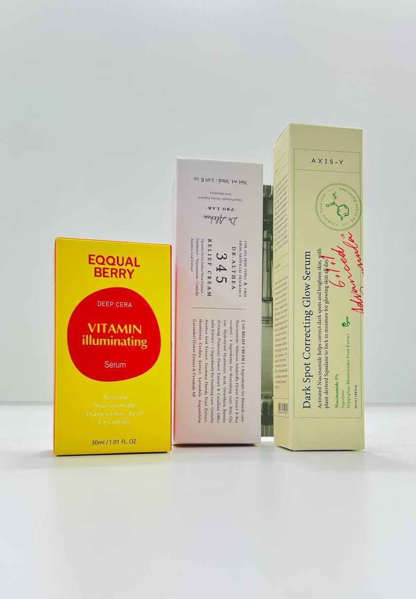 ✨💛 روتين التفتيح + الإصلاح لبشرة موحّدة ومشرقة 💛✨
🌼 AXIS-Y Dark Spot Correcting Glow Serum
سيروم علاجي ذكي يستهدف البقع الداكنة ويوحد لون البشرة بلطف ✨
✔️ يحتوي على Niacinamide 5% لتفتيح وتنعيم البشرة
✔️ تركيبة متطورة (6 مكونات أساسية + مكون رئيسي + تقنية فعالة)
✔️ يمنح إشراقة طبيعية وصحية
✔️ مناسب لكل أنواع البشرة حتى الحساسة 💛
💗 Dr. Althea 345 Relief Cream – كريم الإصلاح المكثف (50ml)
كريم كوري علاجي يعيد التوازن لبشرتچ من أول استخدام 🤍
✔️ ترطيب عميق بفضل مستخلص الصبار
✔️ تهدئة التهيج والاحمرار بسنتيلا أسياتيكا
✔️ توحيد لون البشرة وتقليل التصبغات
✔️ تعزيز المرونة والنضارة مع بانثينول + نياسيناميد
📌 يُستخدم صباحاً ومساءً
🇰🇷 صنع في كوريا | أصلي 100%
💛🍒 سيروم أيكول بيري – إشراقة طبيعية بفيتامين C
سر النضارة والتفتيح في خطوة وحدة ✨
✔️ يحتوي على 40% ماء الكرز الطبيعي
✔️ غني بفيتامين C من الأسيرولا (أقوى من الليمون بـ 8 مرات!)
✔️ يقلل التصبغات ويوحد لون البشرة
✔️ يرطب بعمق ويقوي حاجز البشرة
✔️ يهدئ ويمنع الجفاف
🚫 خالي من الكحول، العطور، والزيوت العطرية
✨ روتين متكامل لبشرة صحية، موحدة، ومليانة إشراقة 💗


**إذا كنت صاحب هذا الإعلان وتريد حذفه لأي سبب، رجاءا أرسل رسالة إلى الدعم الفني**