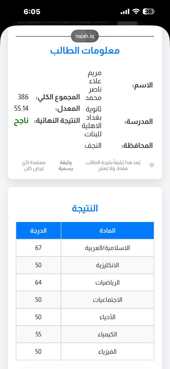 نسبة نجاح طالباتنا في الامتحانات الوزارية للثالث المتوسط 100‎%‎ نبارك لطالباتنا العزيزات هذا الانجاز المتميز الذي يعكس ثمرة الاجتهاد والمثابرة على مدار السنة 

ابدئي أولى خطوات النجاح من هنا…
✨ بيئة تعليمية متميزة
👩‍🏫 كادر تدريسي كفوء وخبرة عالية
📚 متابعة أكاديمية مستمرة
🌟 أجواء تربوية آمنة ومحفزة على الإبداع والتفوق
ملاحظة : الدوام صباحي 
لا تفوّتي فرصة الانضمام إلى مدرسة تصنع التميز وتبني المستقبل.

📍 العنوان: النجف الأشرف – ناحية العباسية  

📞 للاستفسار والتسجيل:
***********
***********

سارعي بحجز مقعدكِ الآن… فالمقاعد محدودة.

#ثانوية_بغداد_الأهلية_للبنات
#الثالث_المتوسط
#التسجيل_مستمر
#النجف_الأشرف
#تعليم_متميز
#دورات_مجانية
