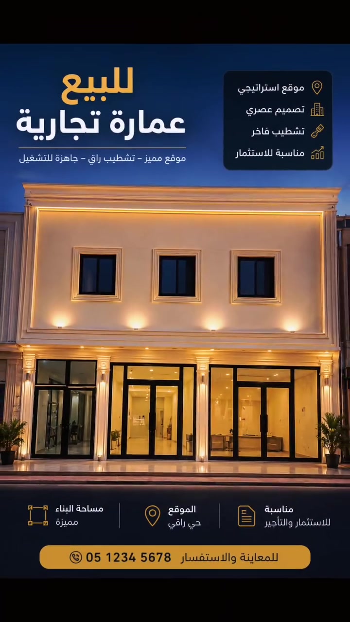 للبيع عماره تجاريه تتكون من بيت طابقين غرفه جوه مع استقبال مع مطبخ حار بارد الطابق الثاني ثلاث غرف مع مطبخ  مع شقه فوق المحلات غرفتين مع حمام مع تواليت صاله كبيره  مع محلات عدد ثنين المراجعه الرقم ***********

